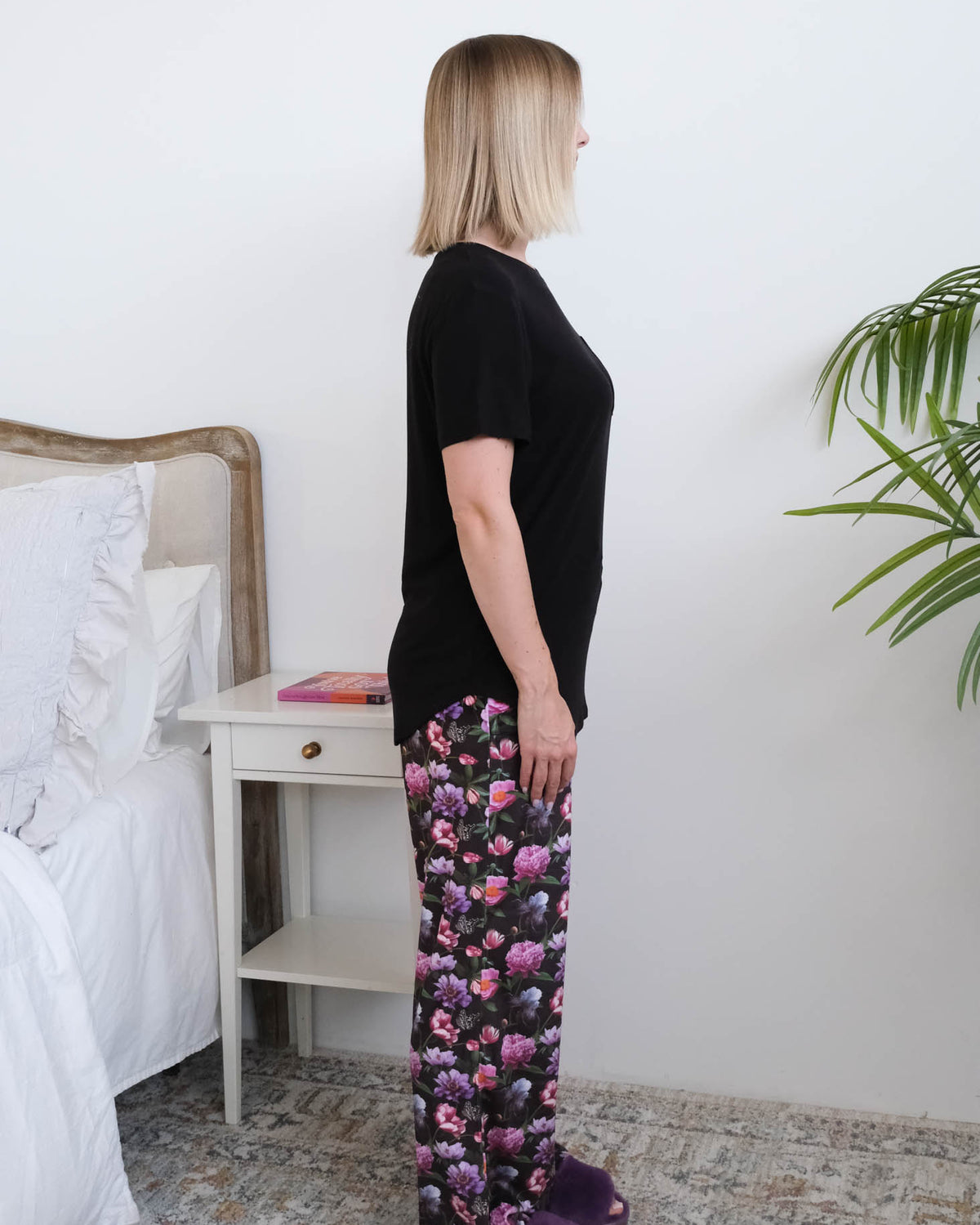 Miranda Nic Dreamy Blooms PJ Set model side view — Cloud Nine Pajamas Edmonton