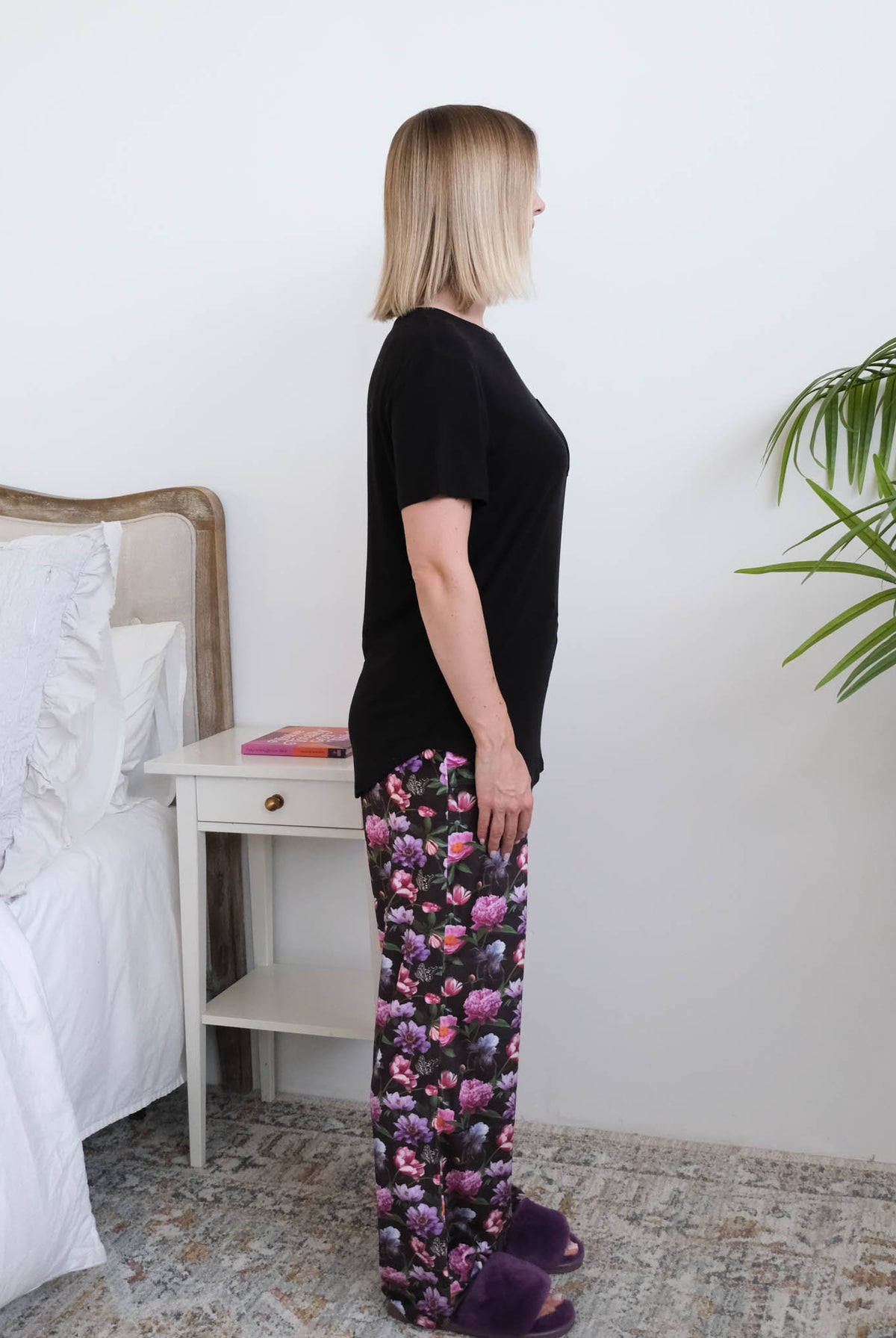 Miranda Nic Dreamy Blooms PJ Set model side view — Cloud Nine Pajamas Edmonton