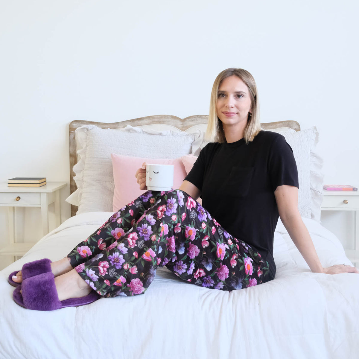 Miranda Nic Dreamy Blooms Black Floral PJ Set lifestyle — Cloud Nine Pajamas Edmonton