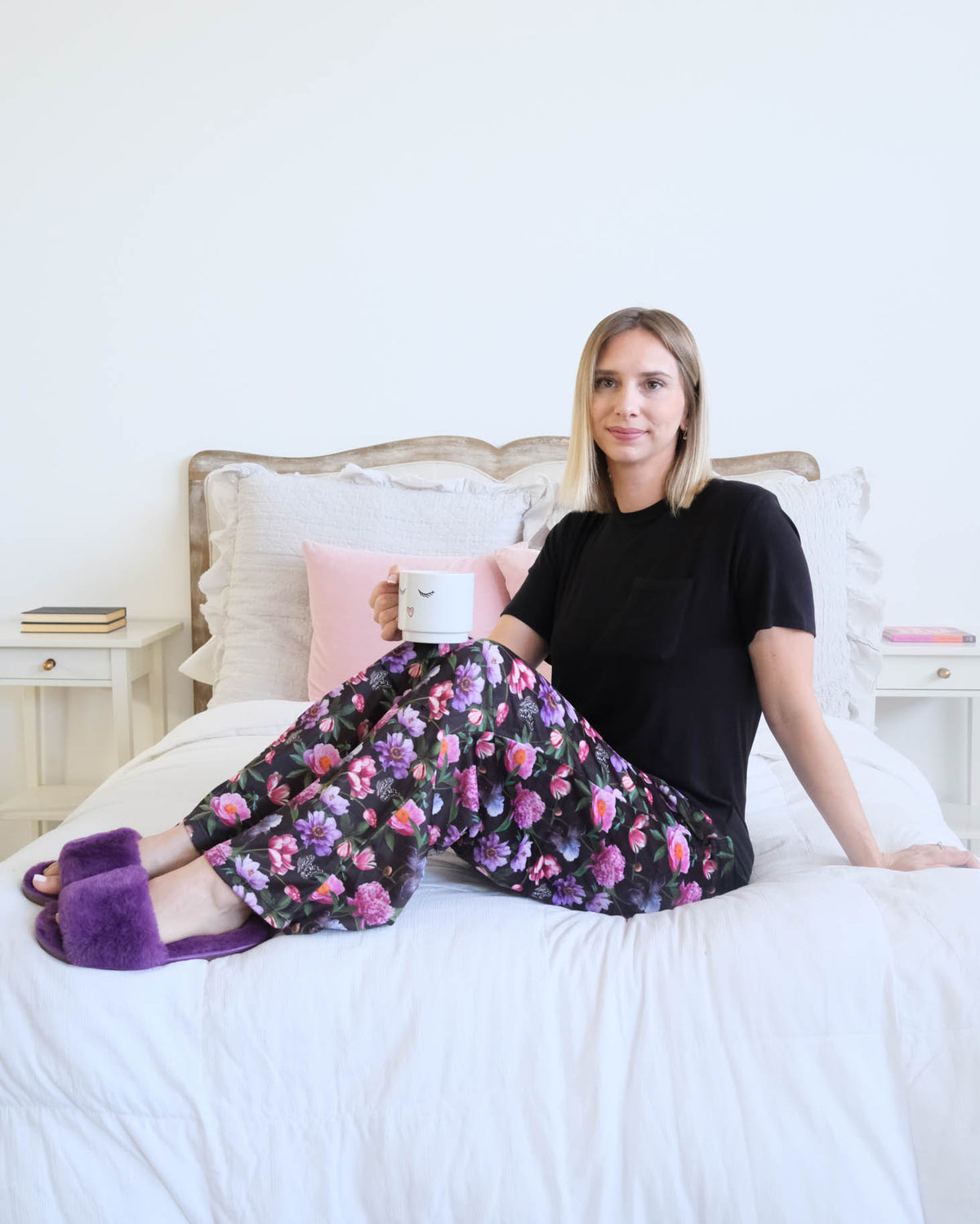 Miranda Nic Dreamy Blooms Black Floral PJ Set lifestyle — Cloud Nine Pajamas Edmonton