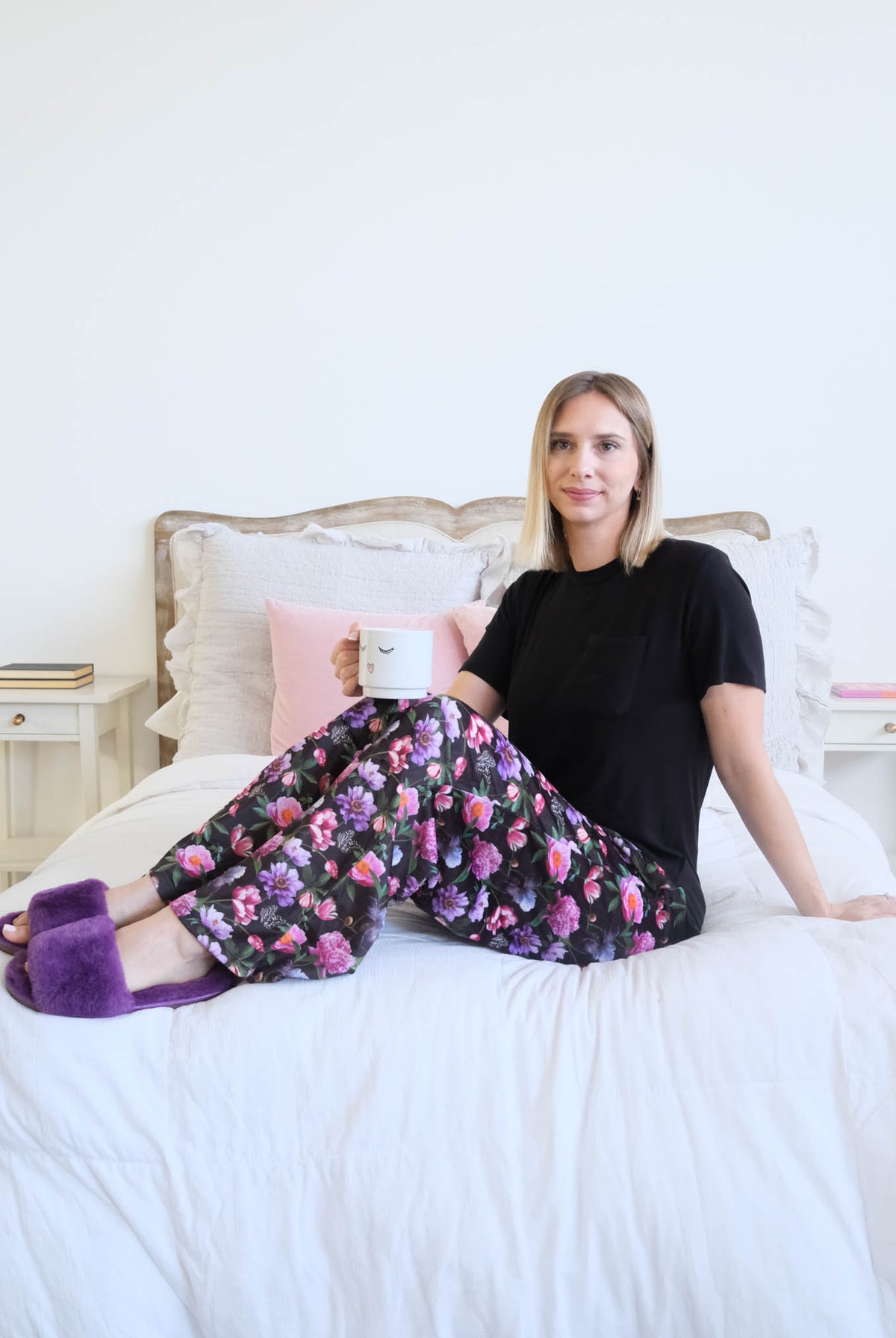 Miranda Nic Dreamy Blooms Black Floral PJ Set lifestyle — Cloud Nine Pajamas Edmonton