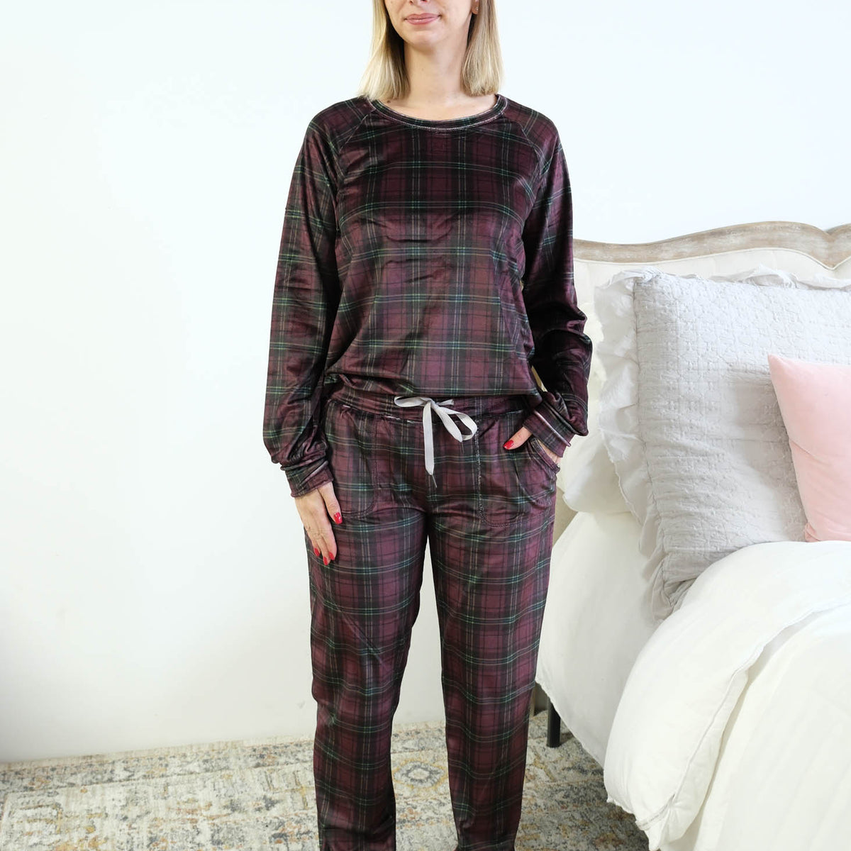 Miranda Nic Velvety Velour Plaid PJ Set drawstring waist front pockets cuffed ankle — Cloud Nine Pajamas Edmonton