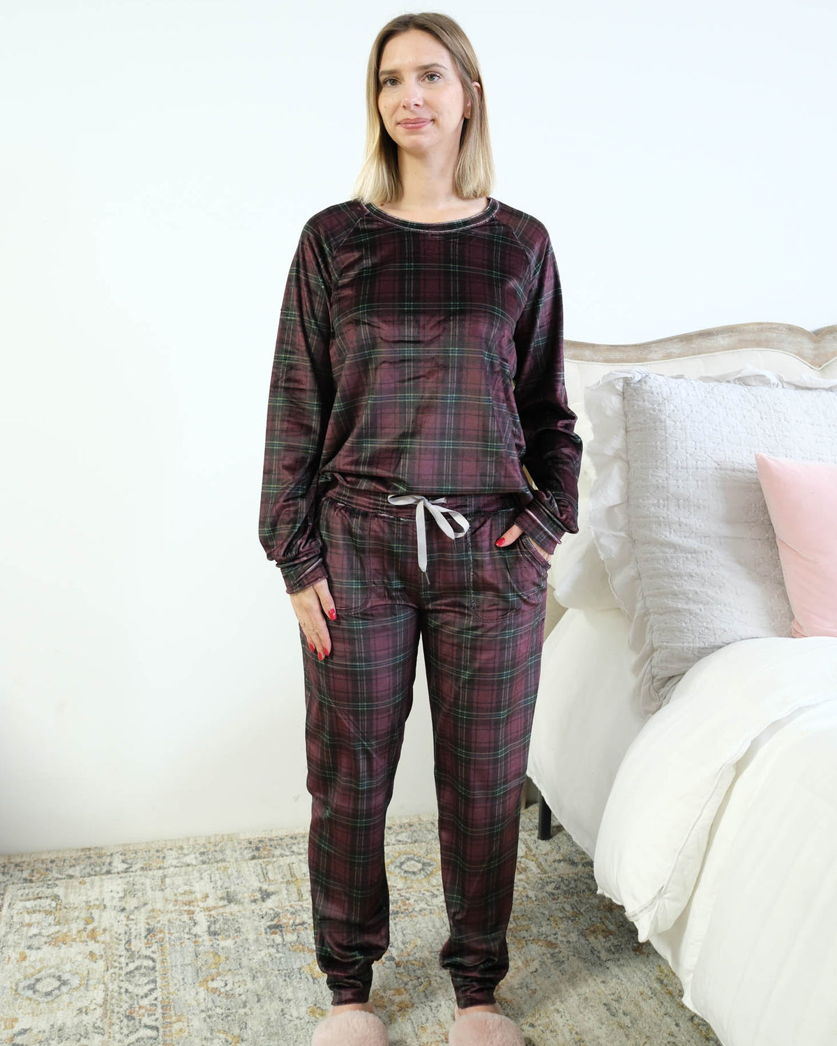 Miranda Nic Velvety Velour Plaid PJ Set drawstring waist front pockets cuffed ankle — Cloud Nine Pajamas Edmonton