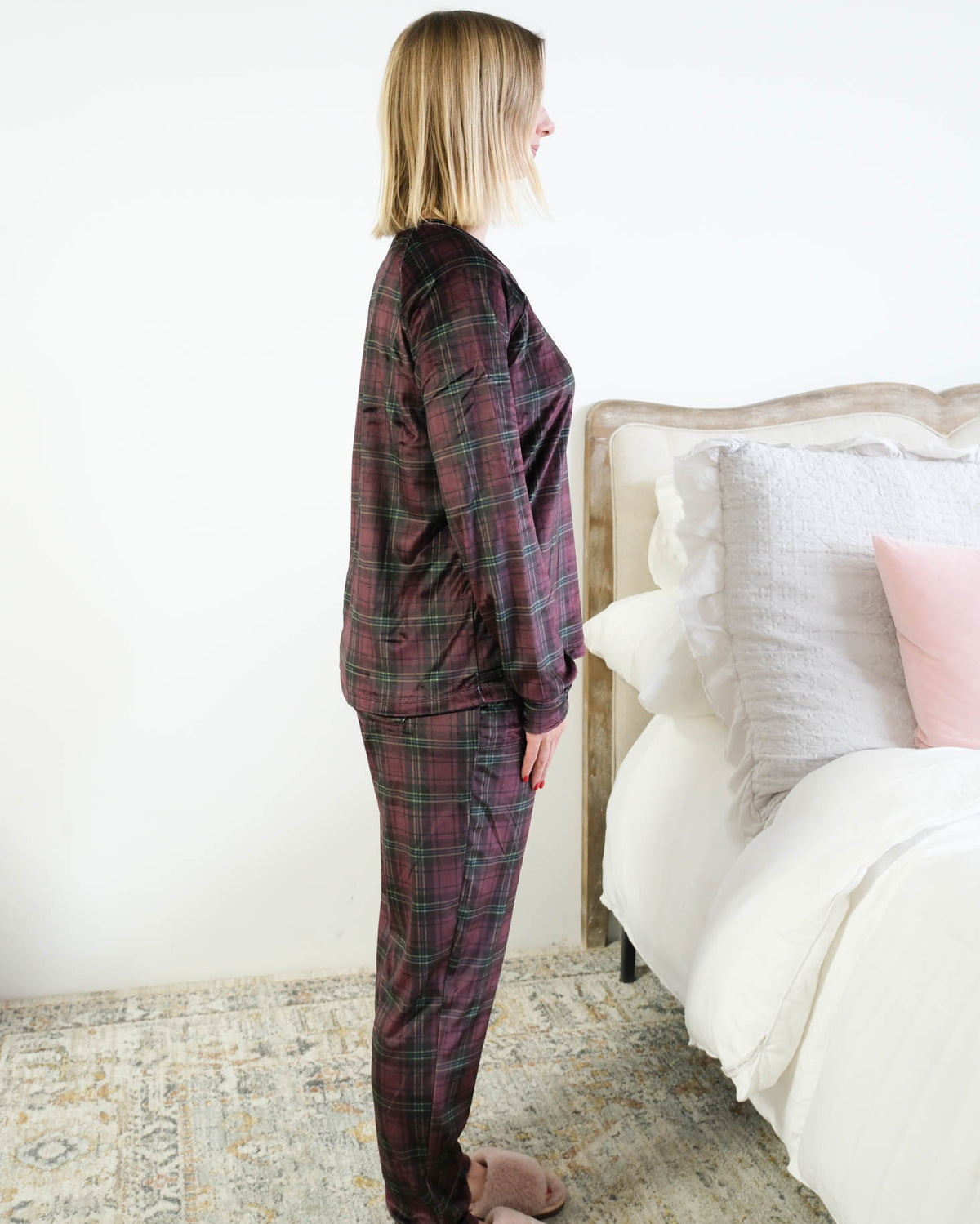 Miranda Nic Velvety Velour Plaid PJ Set side view tapered cuffed ankle jogger — Cloud Nine Pajamas Edmonton
