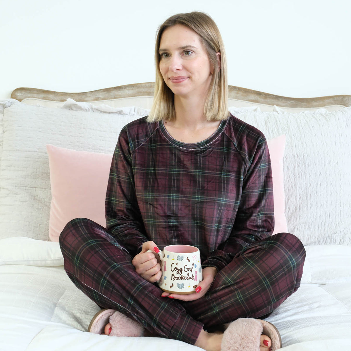 Miranda Nic Velvety Velour Plaid Jogger PJ Set deep plum burgundy lifestyle — Cloud Nine Pajamas Edmonton