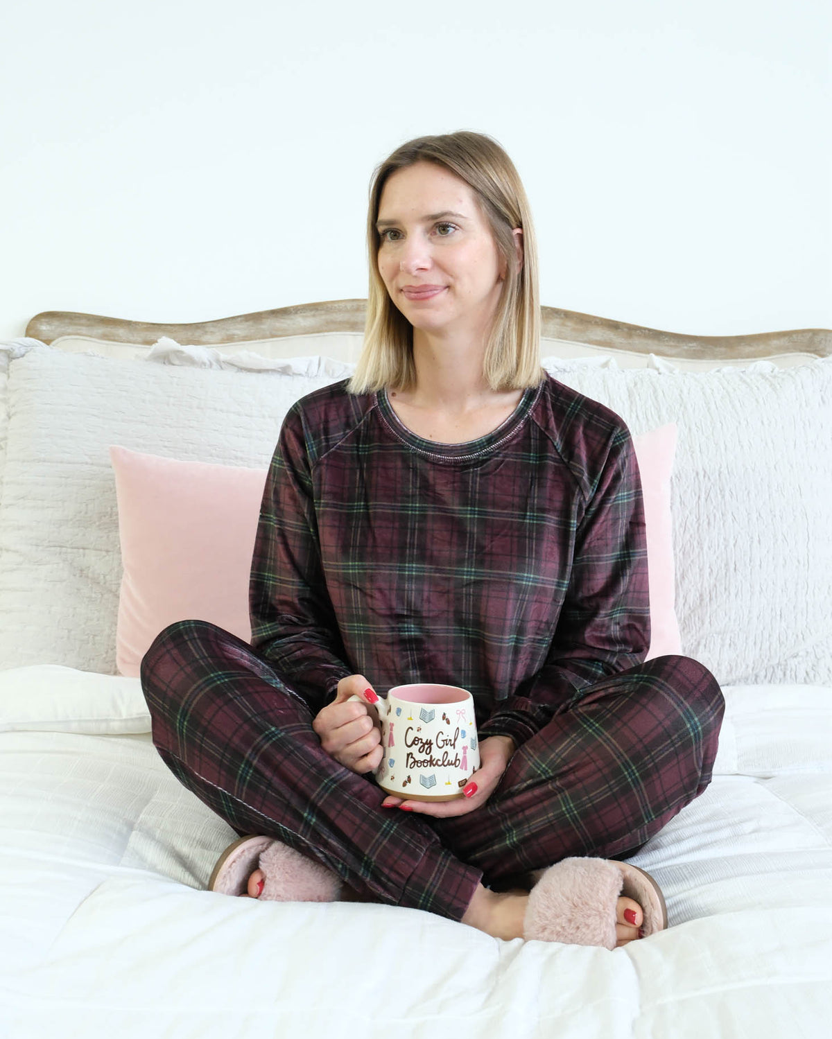 Miranda Nic Velvety Velour Plaid Jogger PJ Set deep plum burgundy lifestyle — Cloud Nine Pajamas Edmonton