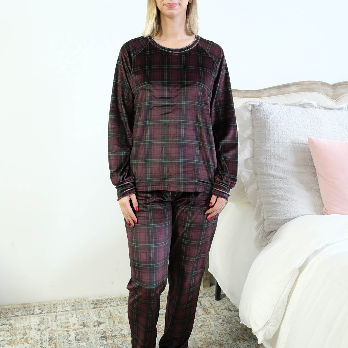 Miranda Nic Velvety Velour Plaid Jogger PJ Set deep plum burgundy front view full length — Cloud Nine Pajamas Edmonton