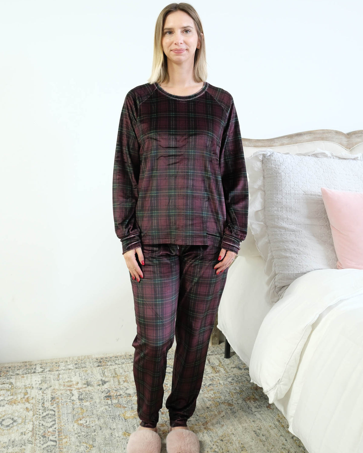 Miranda Nic Velvety Velour Plaid Jogger PJ Set deep plum burgundy front view full length — Cloud Nine Pajamas Edmonton