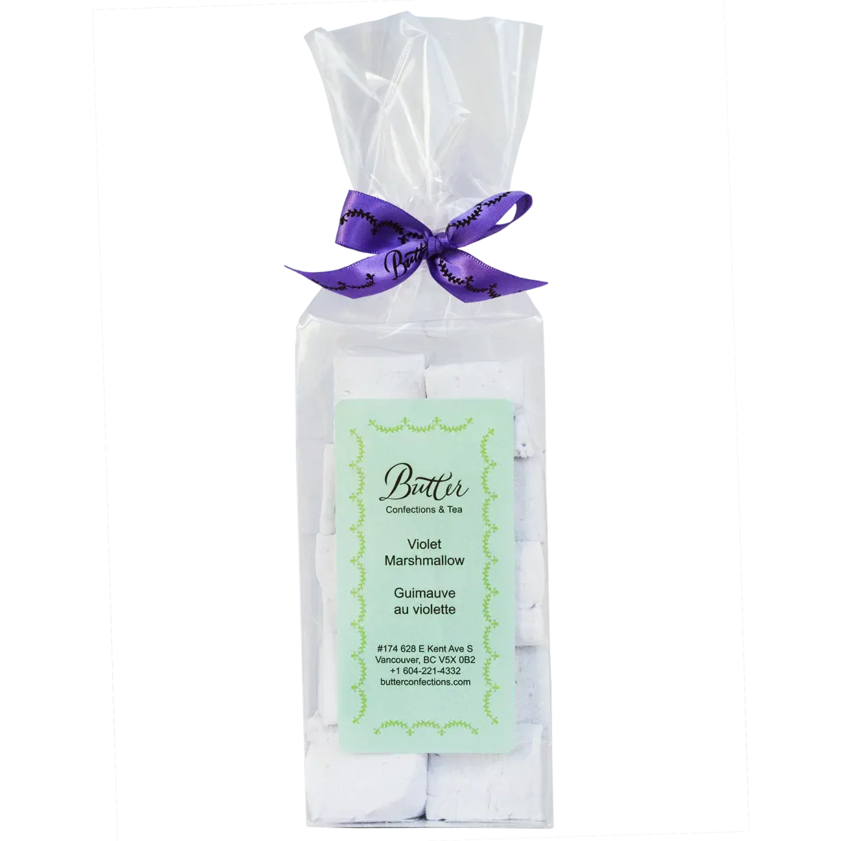 Handcrafted Gourmet Marshmallows in violet flavor, packaged in a clear bag with a purple ribbon.