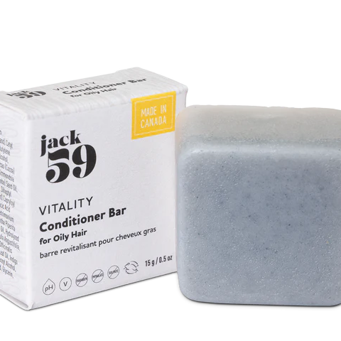 Jack59 Travel Buddies Conditioner Bar for oily hair in packaging, made in Canada, compact and eco-friendly.