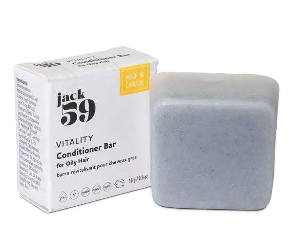 Jack59 Travel Buddies Conditioner Bar for oily hair in packaging, made in Canada, compact and eco-friendly.