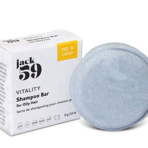 Jack59 Travel Buddies Shampoo Bar for oily hair in a packaging box, made in Canada.