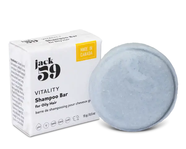 Jack59 Travel Buddies Shampoo Bar for oily hair in a packaging box, made in Canada.