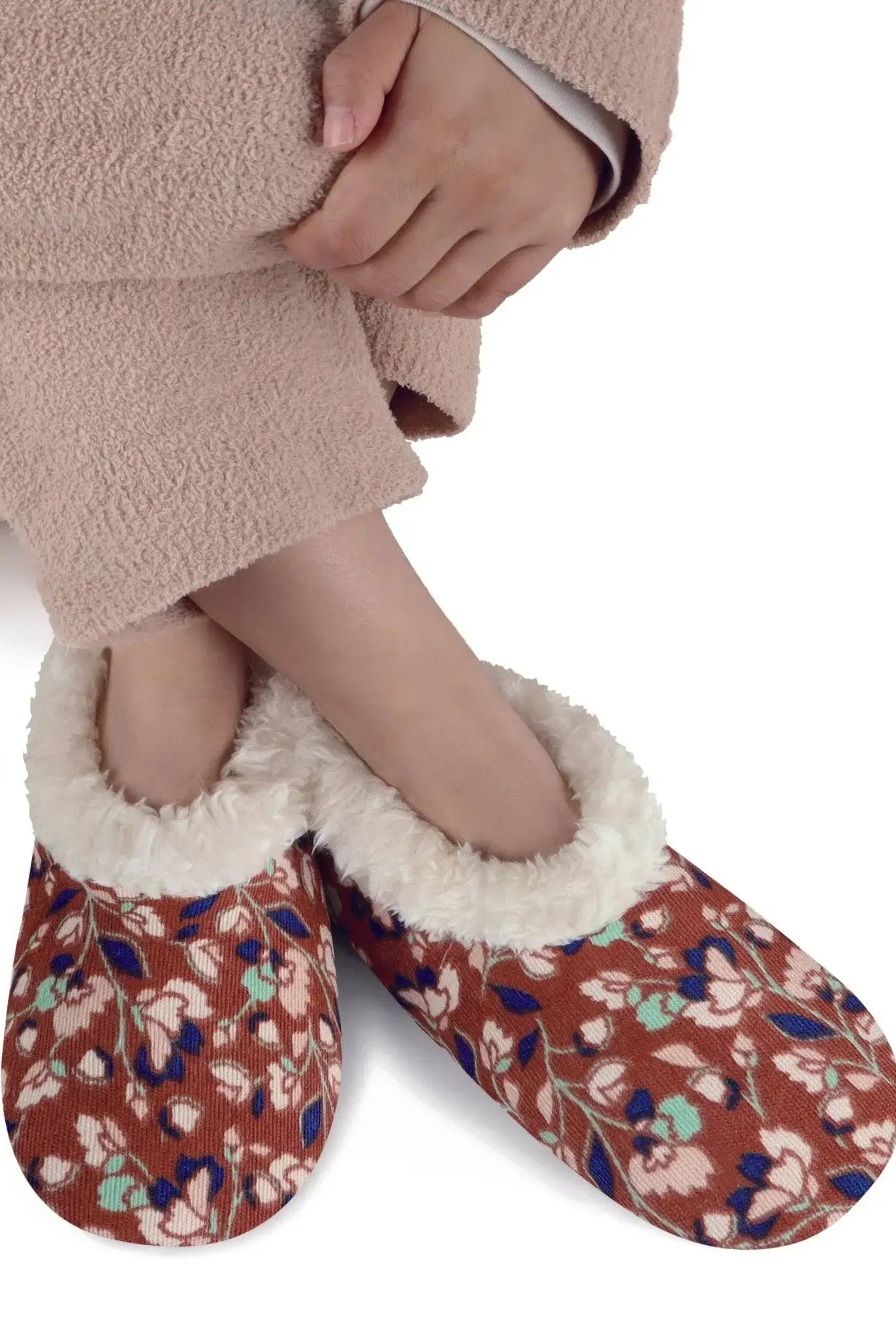 Snoozies Plush COZY Slipper Socks floral corduroy brown