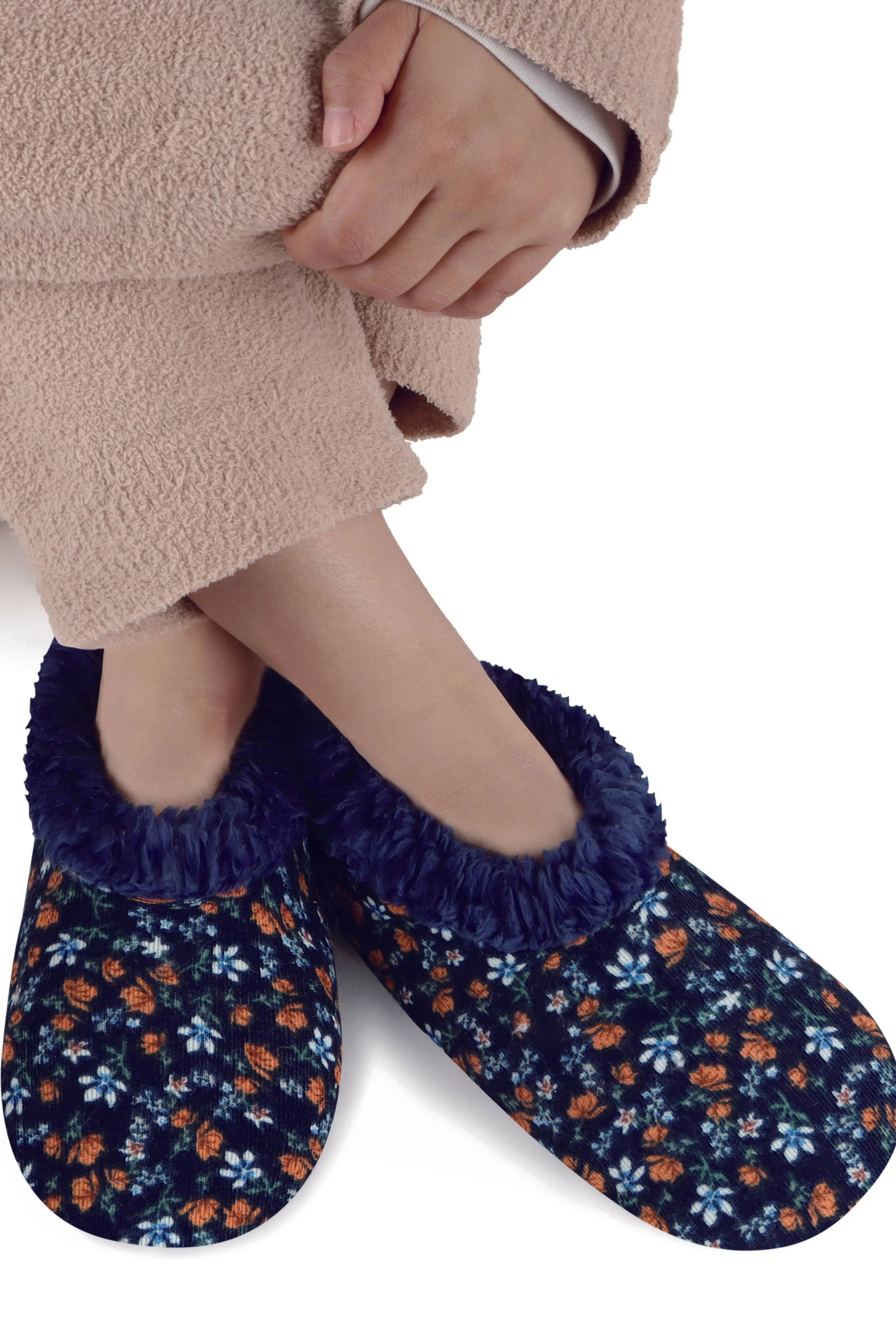 Snoozies Plush COZY Slipper Socks floral corduroy navy