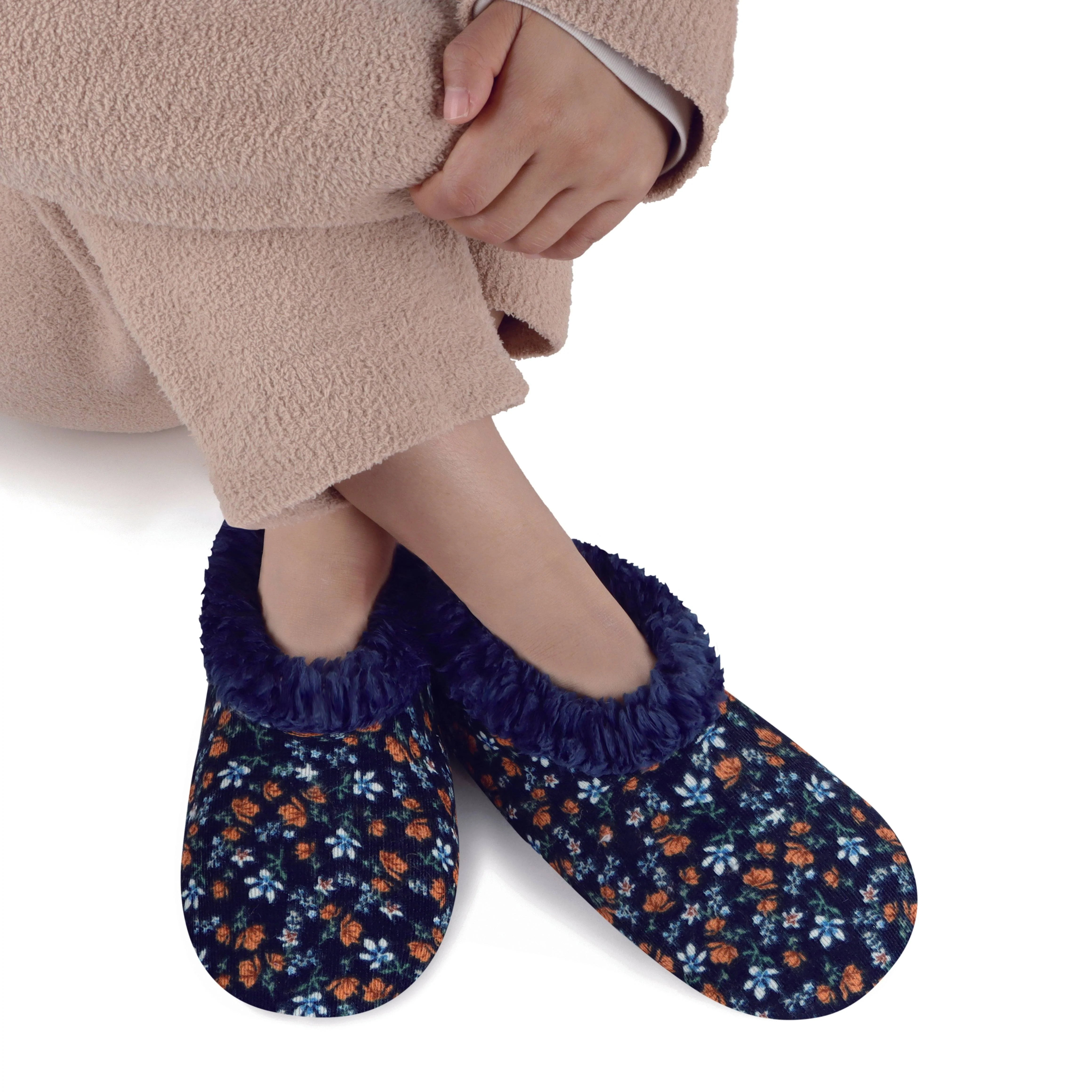 Snoozies Plush COZY Slipper Socks floral corduroy navy