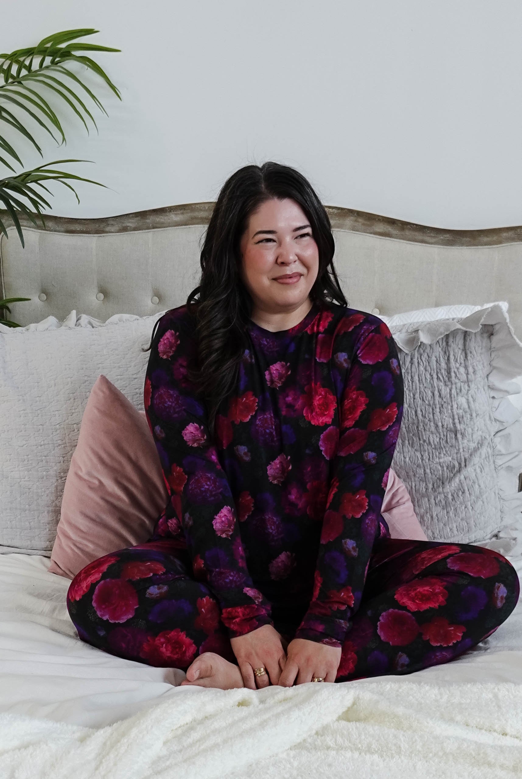 Winter Blossom Long Sleeve Jogger Bamboo PJ Set - model sits in bed