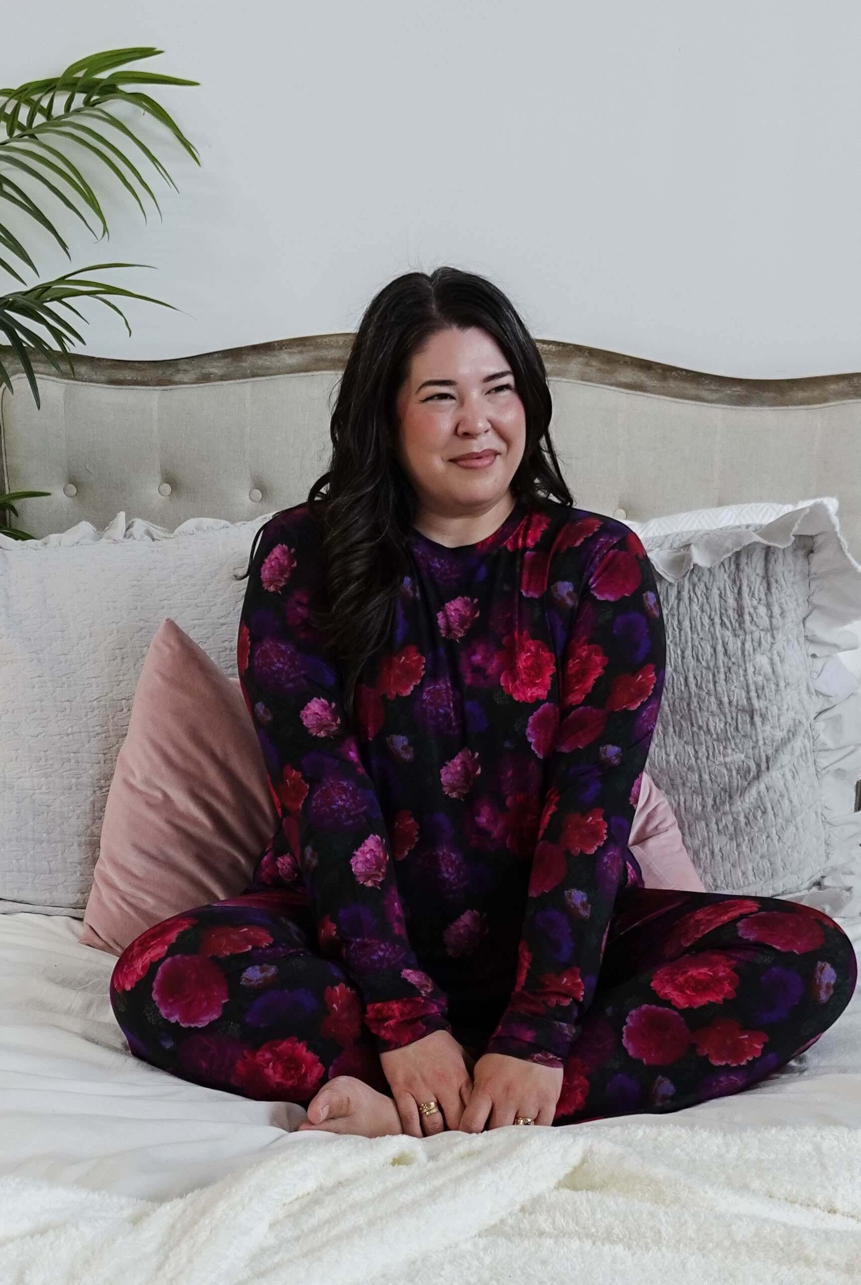 Winter Blossom Long Sleeve Jogger Bamboo PJ Set - model sits in bed