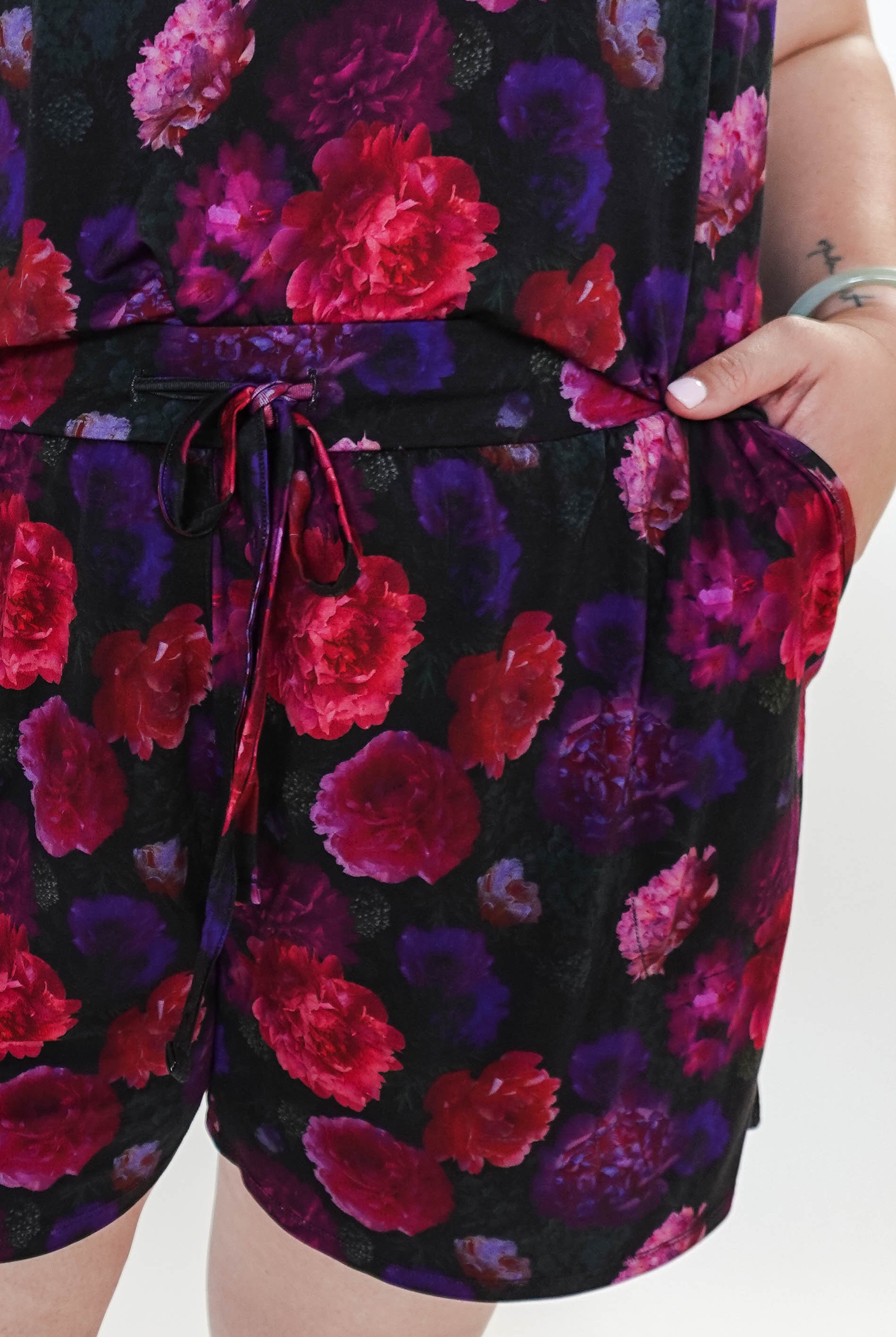 Winter Blossom Print Tank & Short PJ Set Bamboo showing pockets and drawstring detail