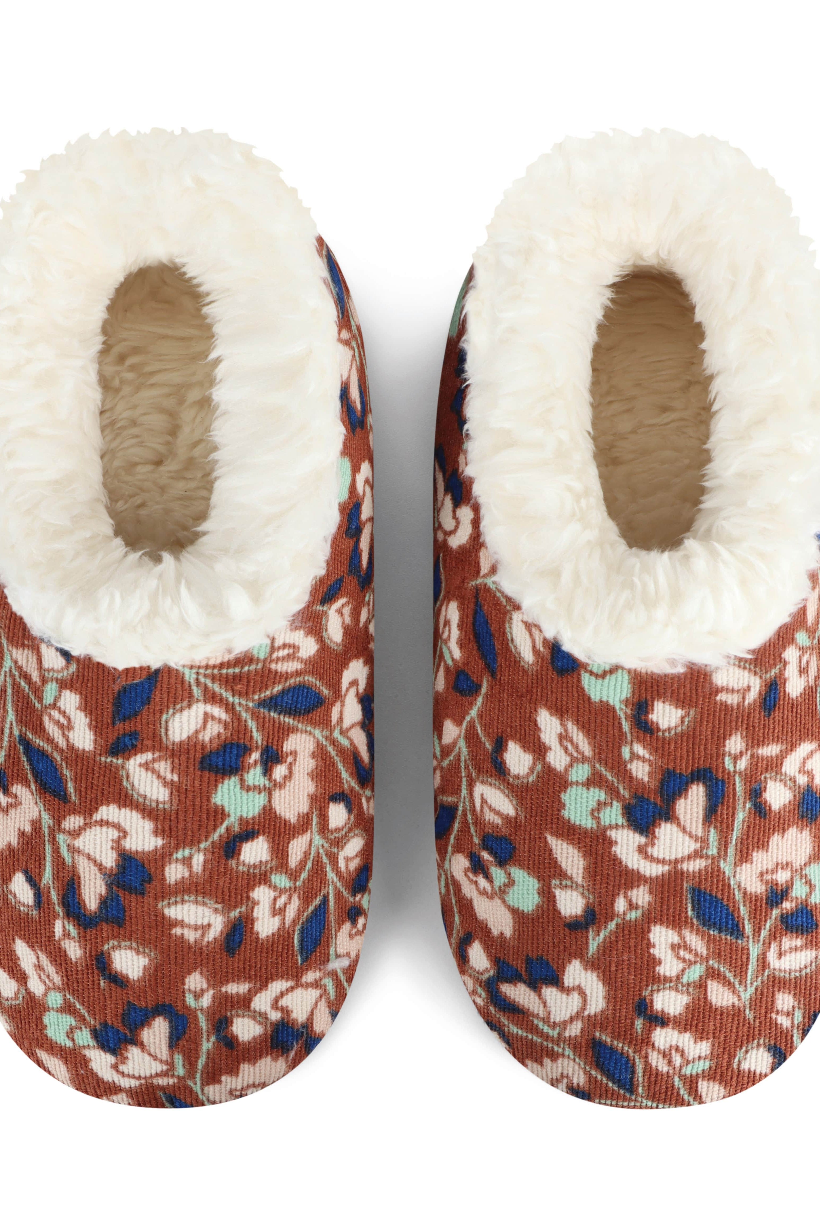 Snoozies Plush COZY Slipper Socks floral corduroy brown