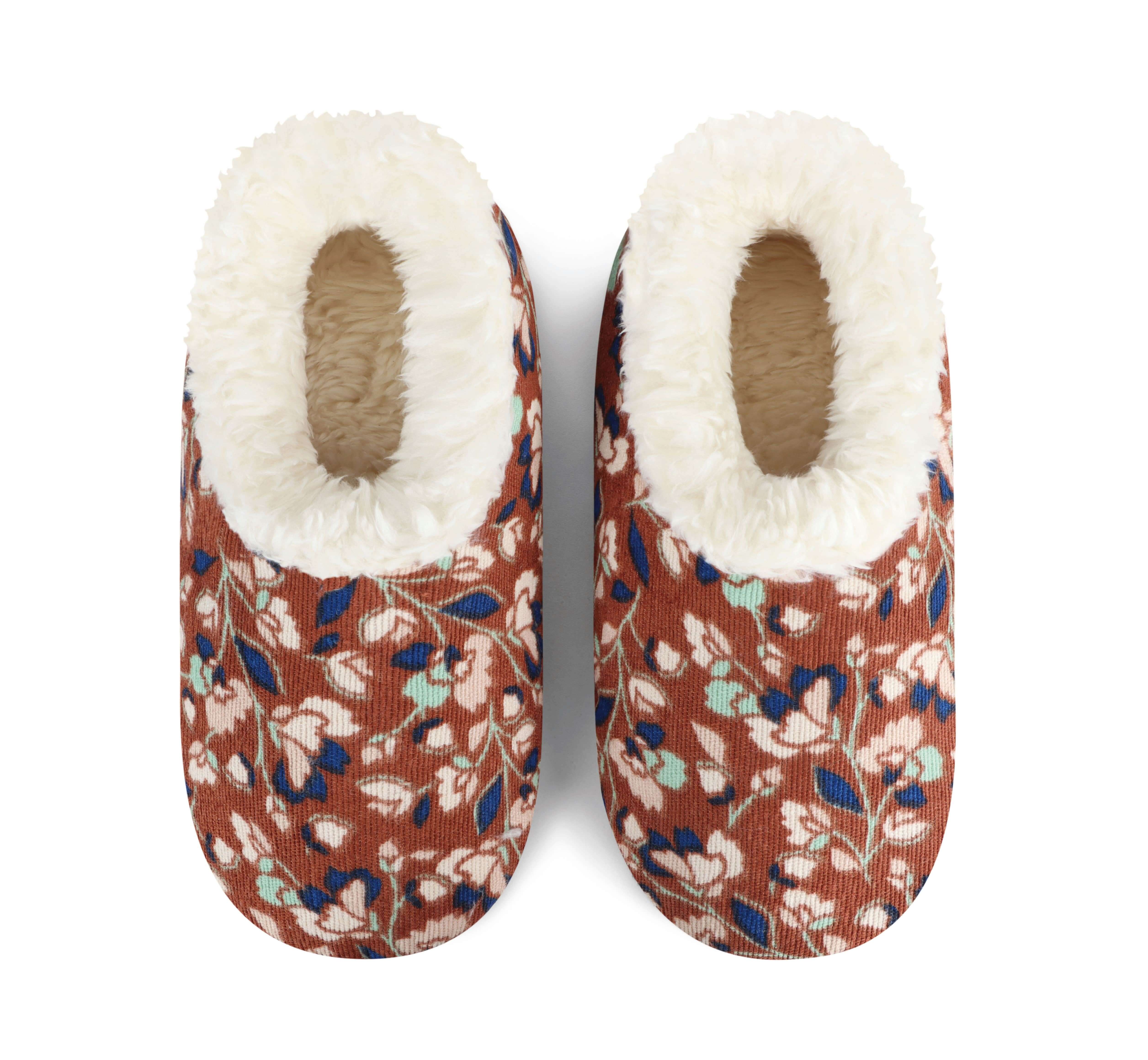Snoozies Plush COZY Slipper Socks floral corduroy brown