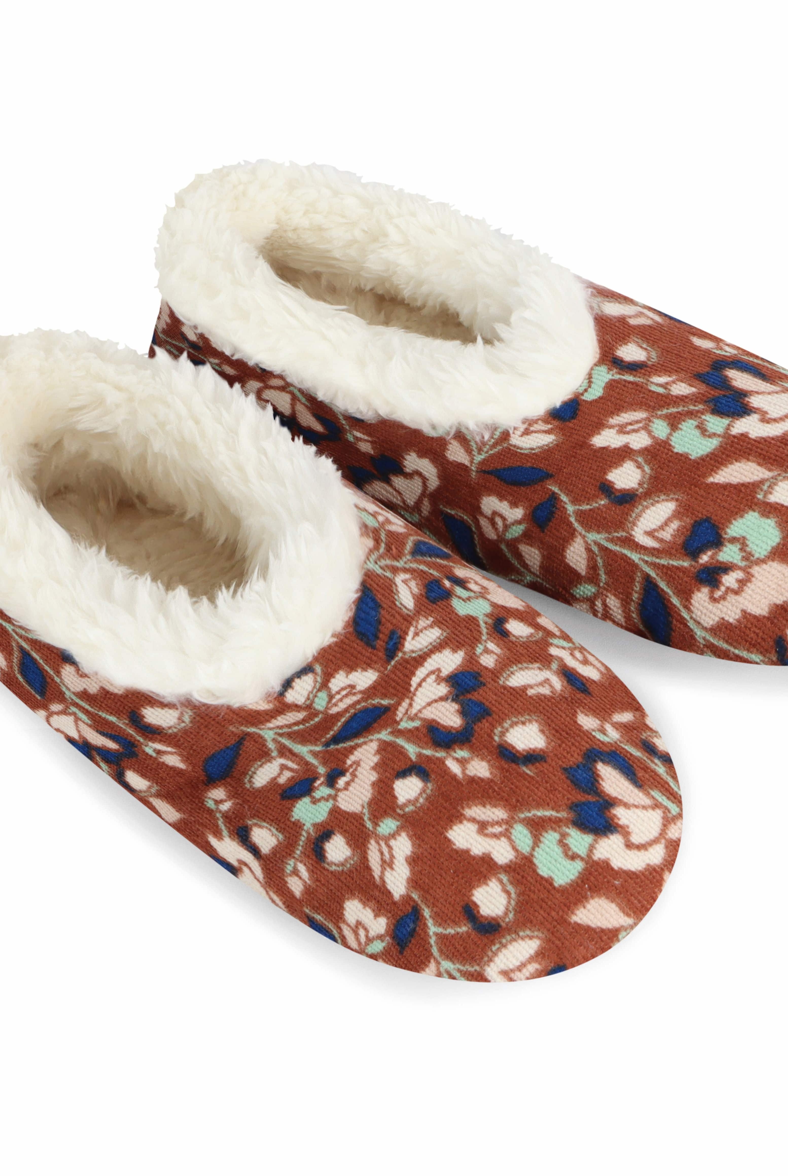 Snoozies Plush COZY Slipper Socks floral corduroy brown