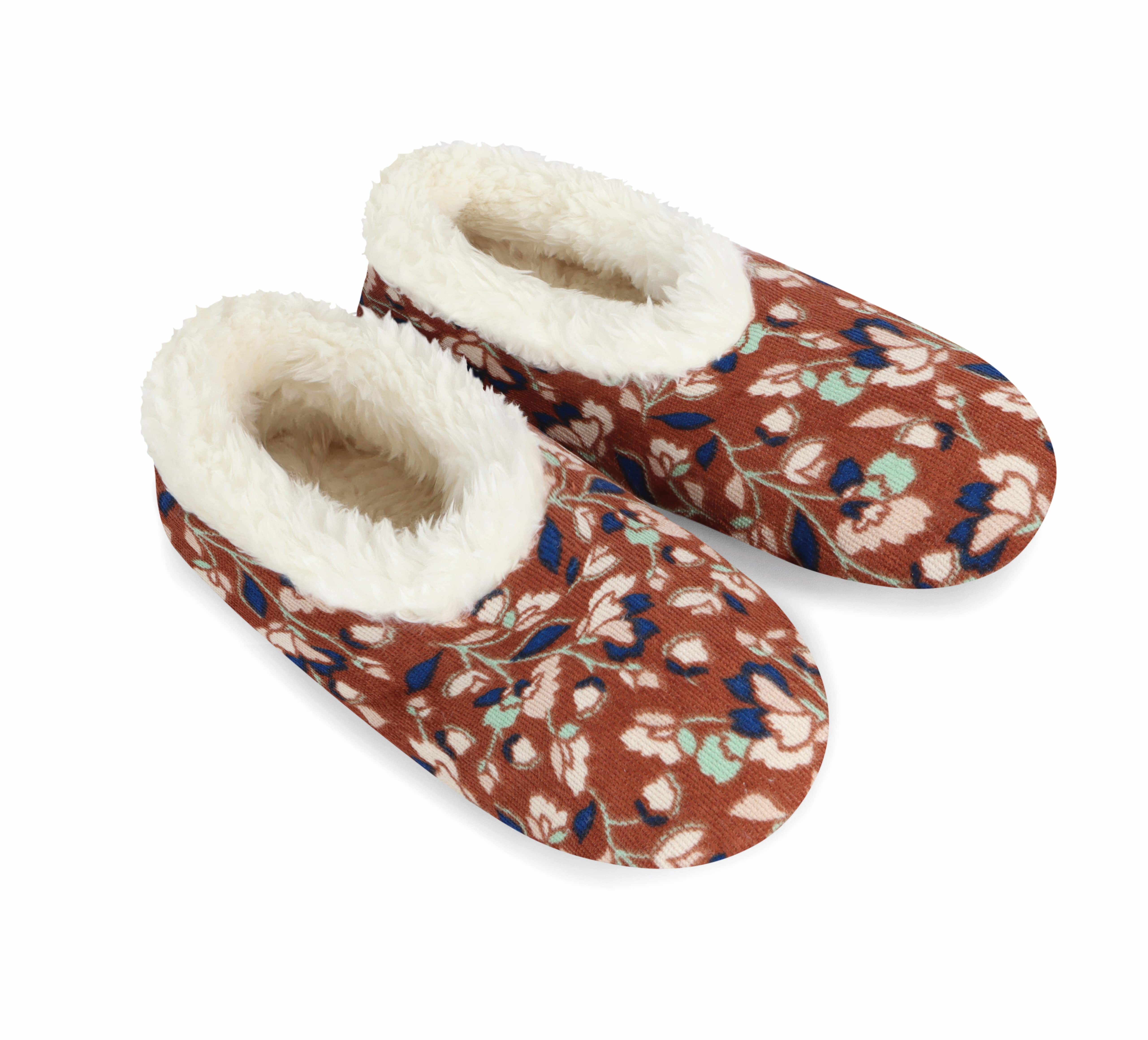 Snoozies Plush COZY Slipper Socks floral corduroy brown