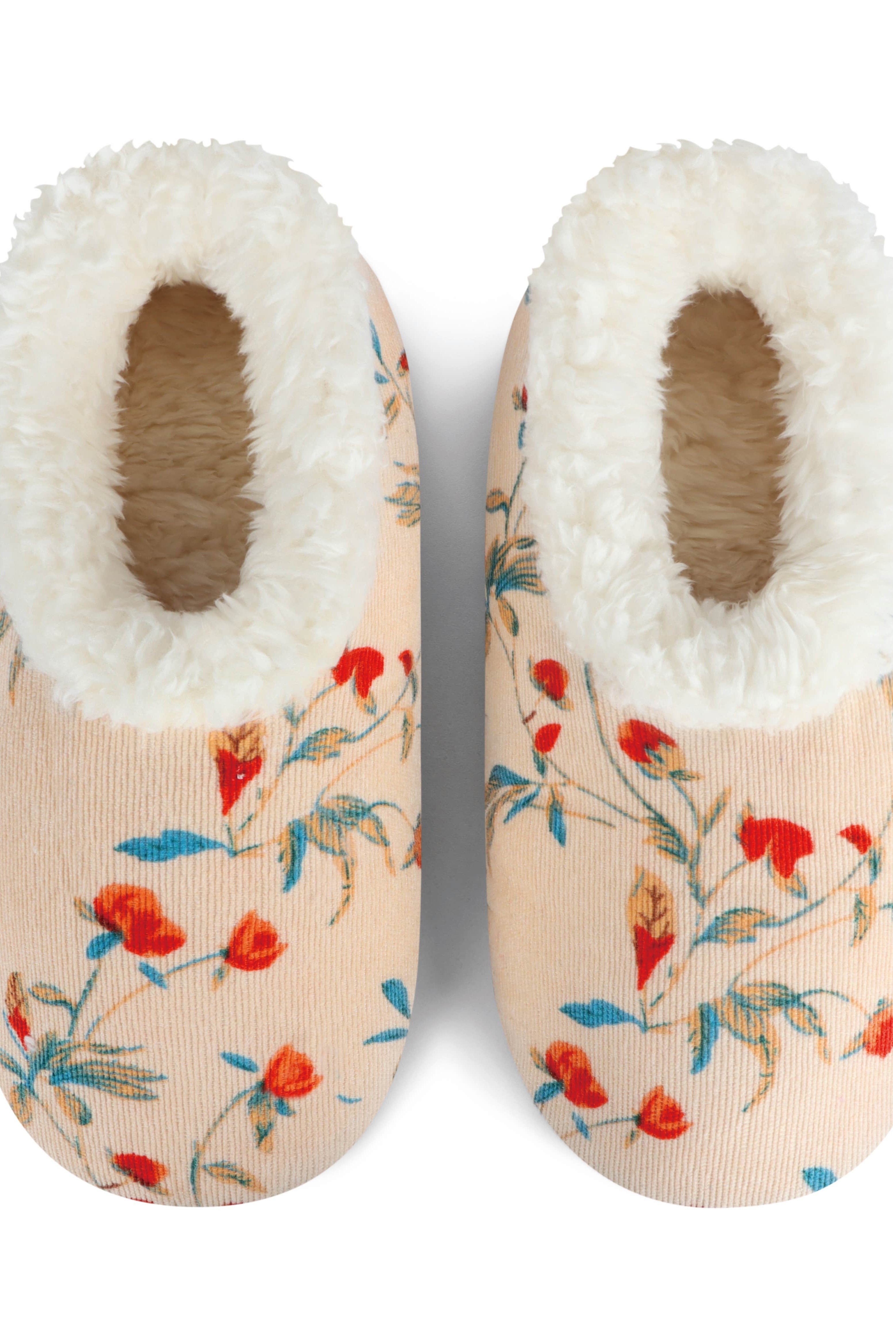 Snoozies Plush COZY Slipper Socks floral corduroy cream