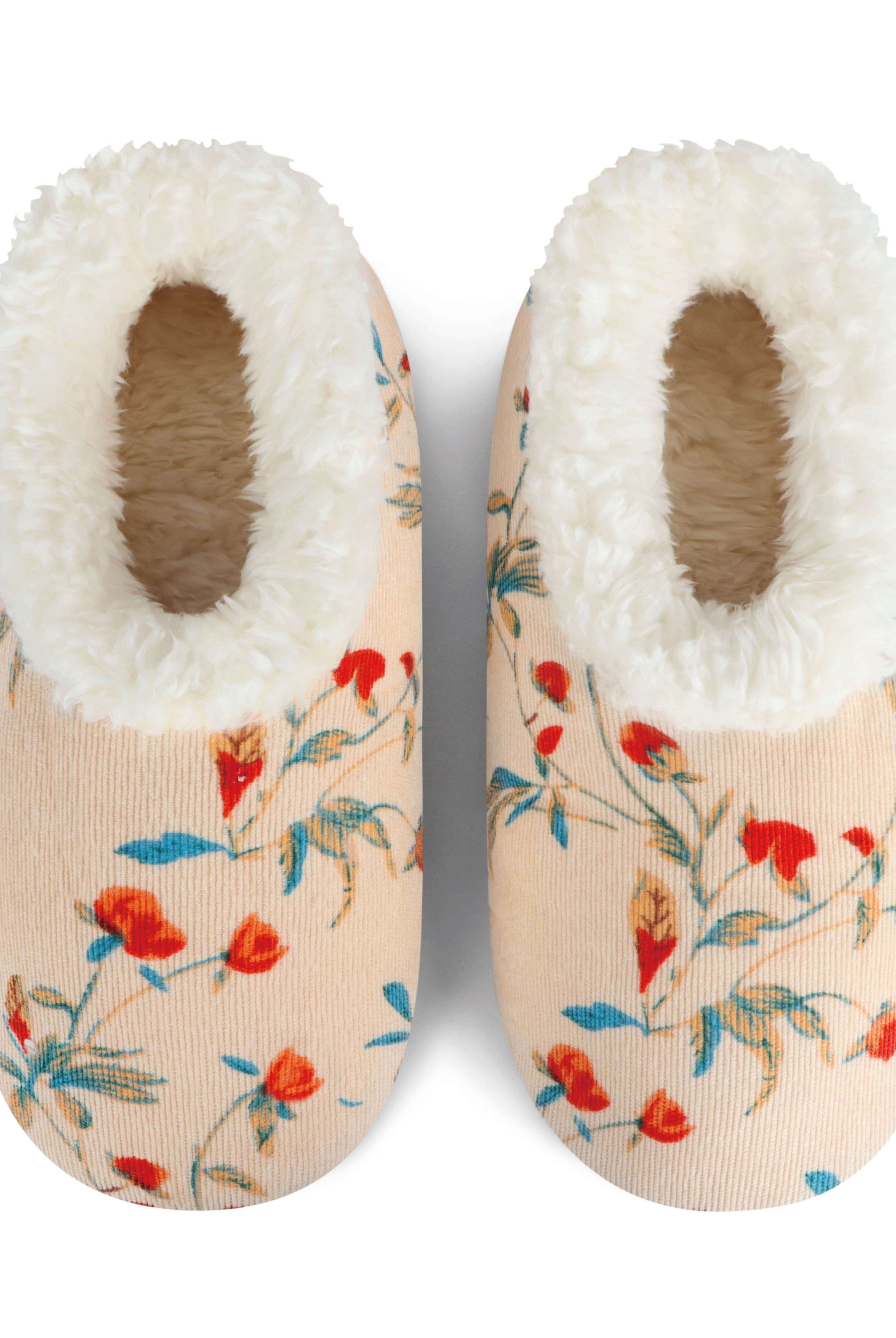 Snoozies Plush COZY Slipper Socks floral corduroy cream