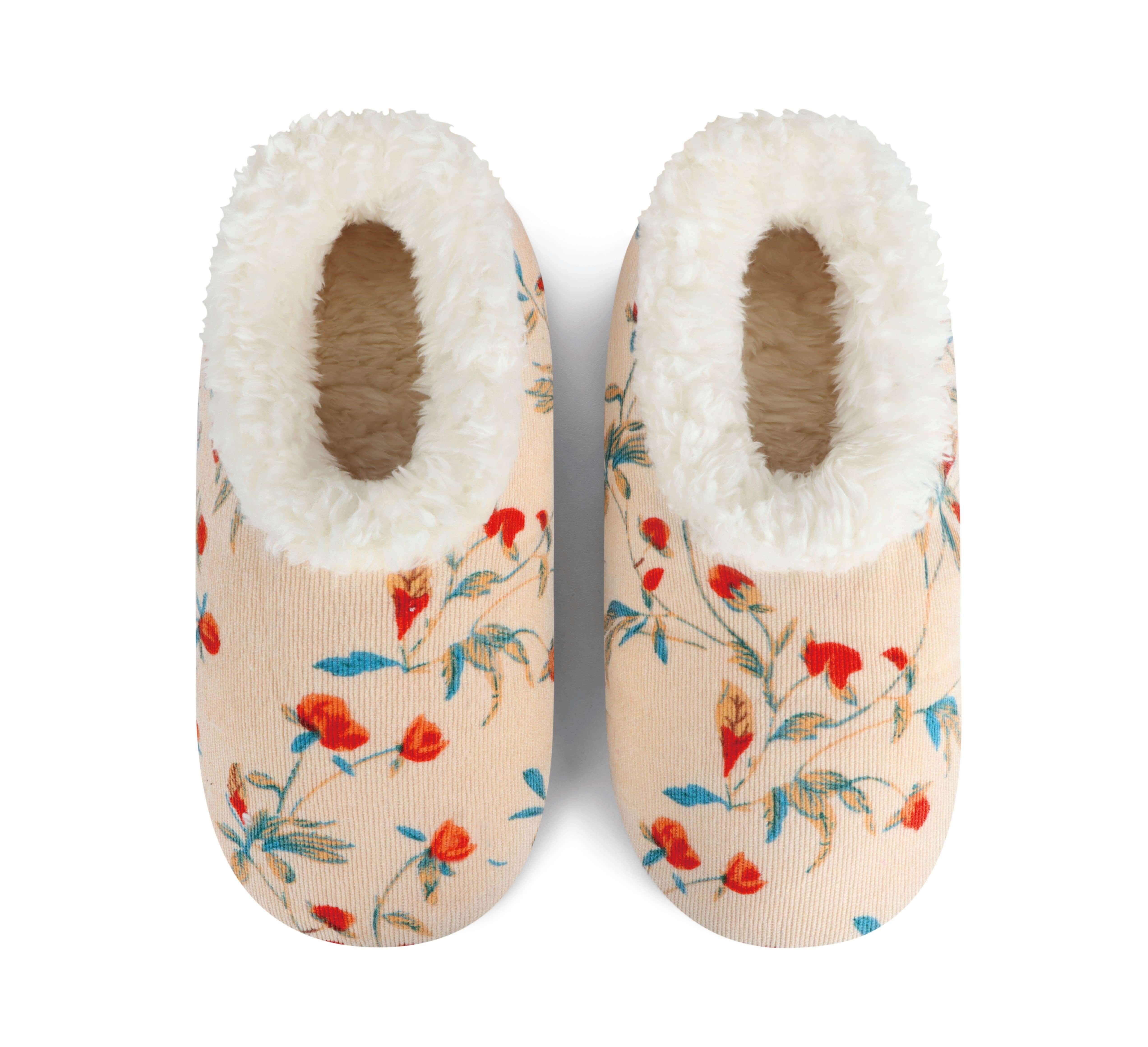 Snoozies Plush COZY Slipper Socks floral corduroy cream