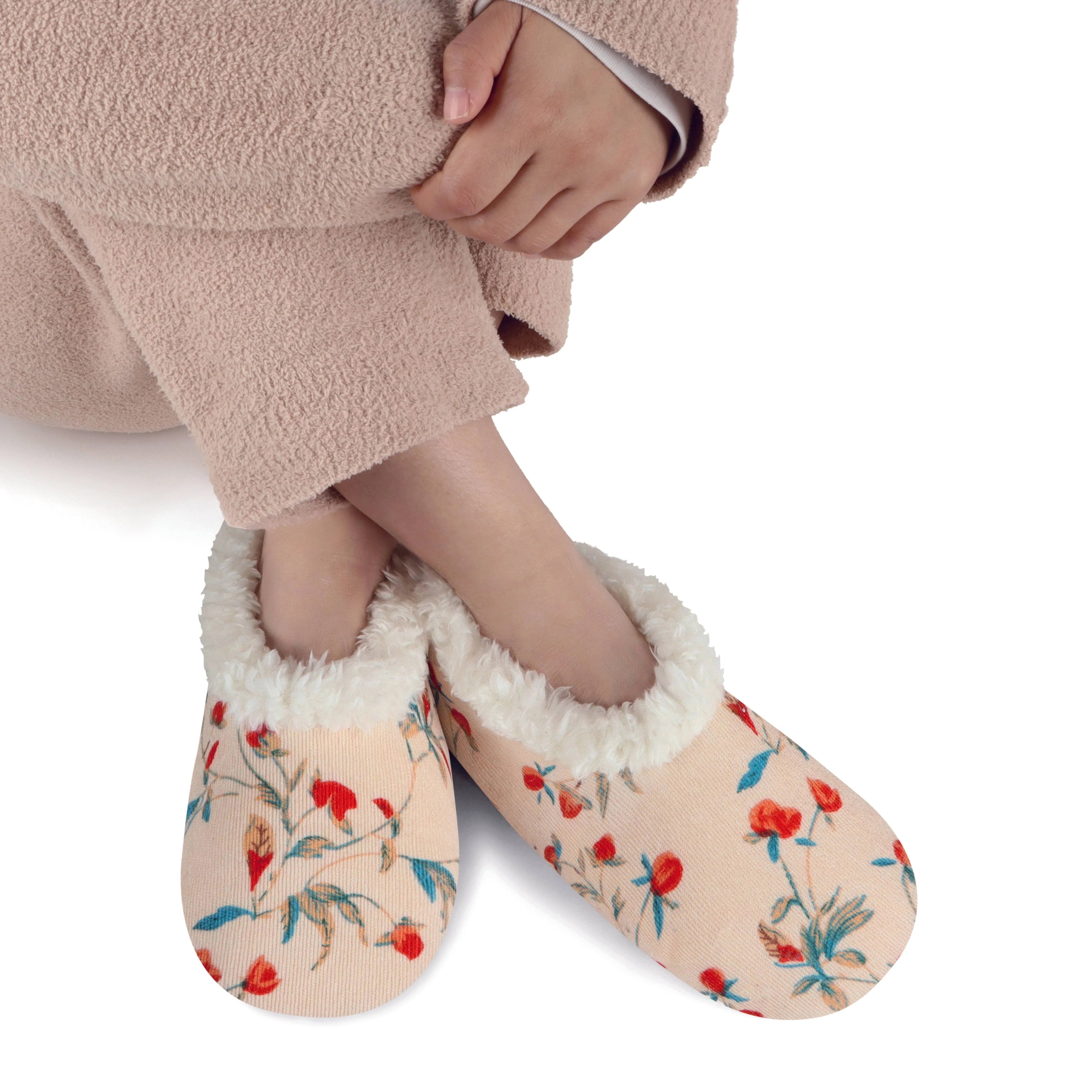 Snoozies Plush COZY Slipper Socks floral corduroy cream