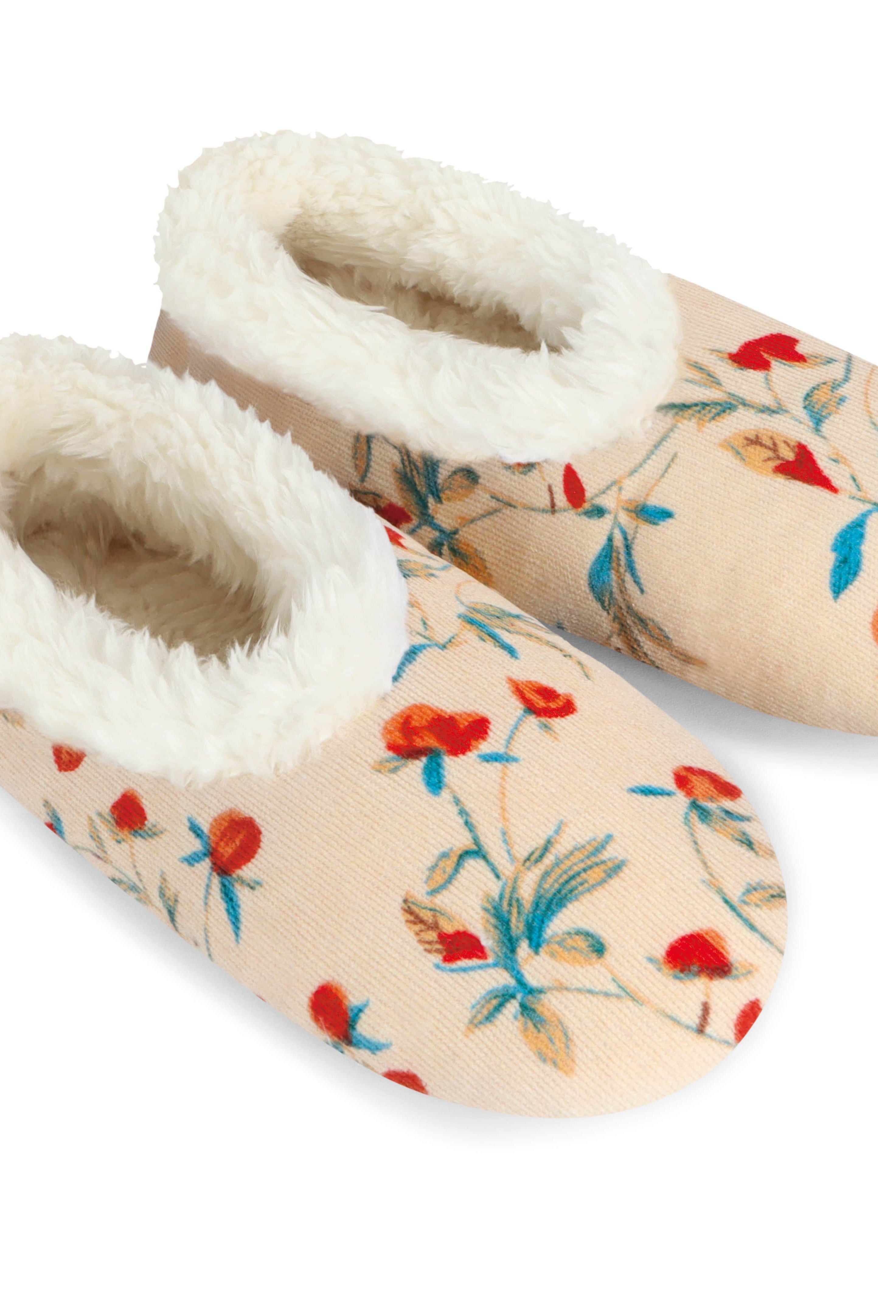 Snoozies Plush COZY Slipper Socks floral corduroy cream