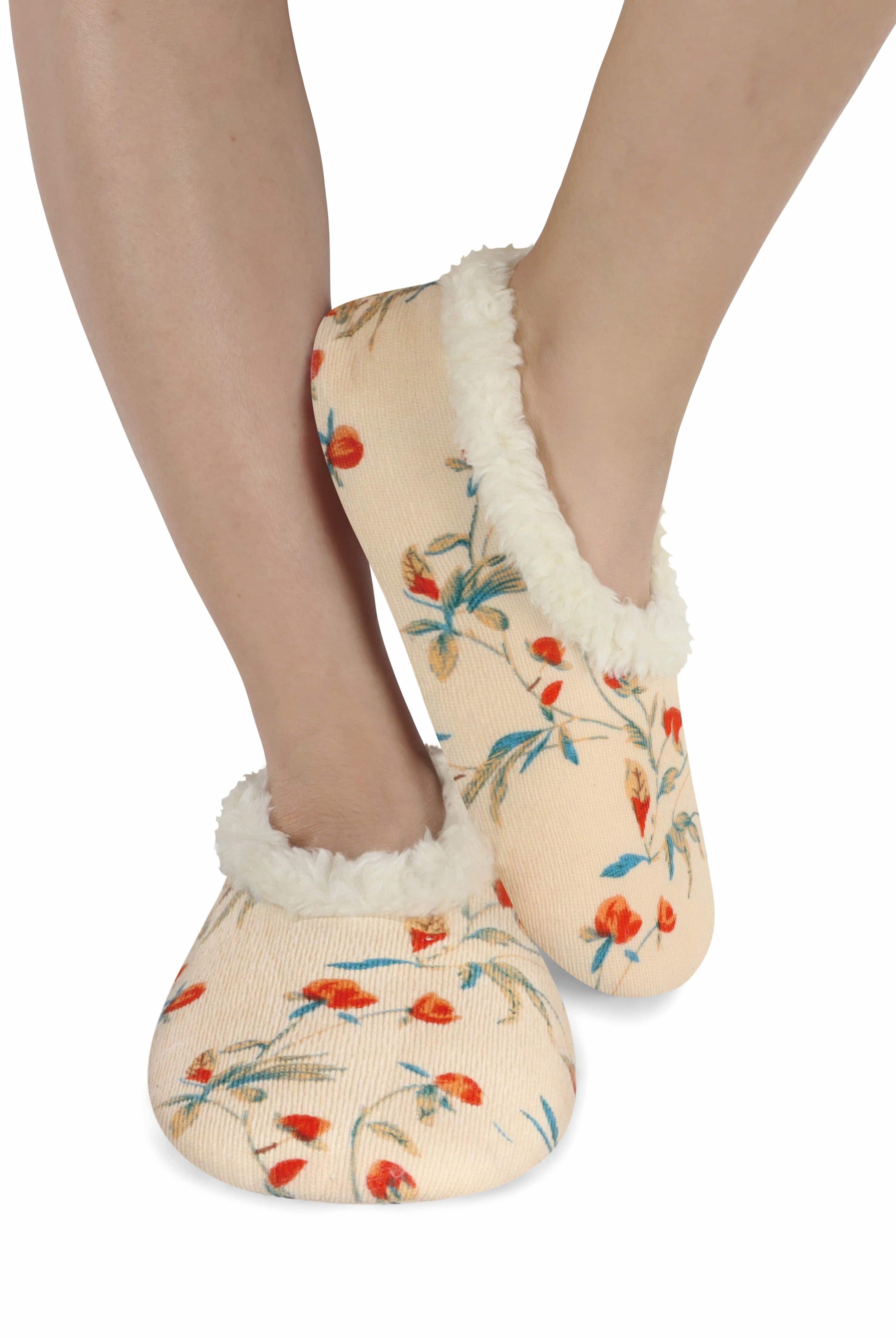 Snoozies Plush COZY Slipper Socks floral corduroy cream