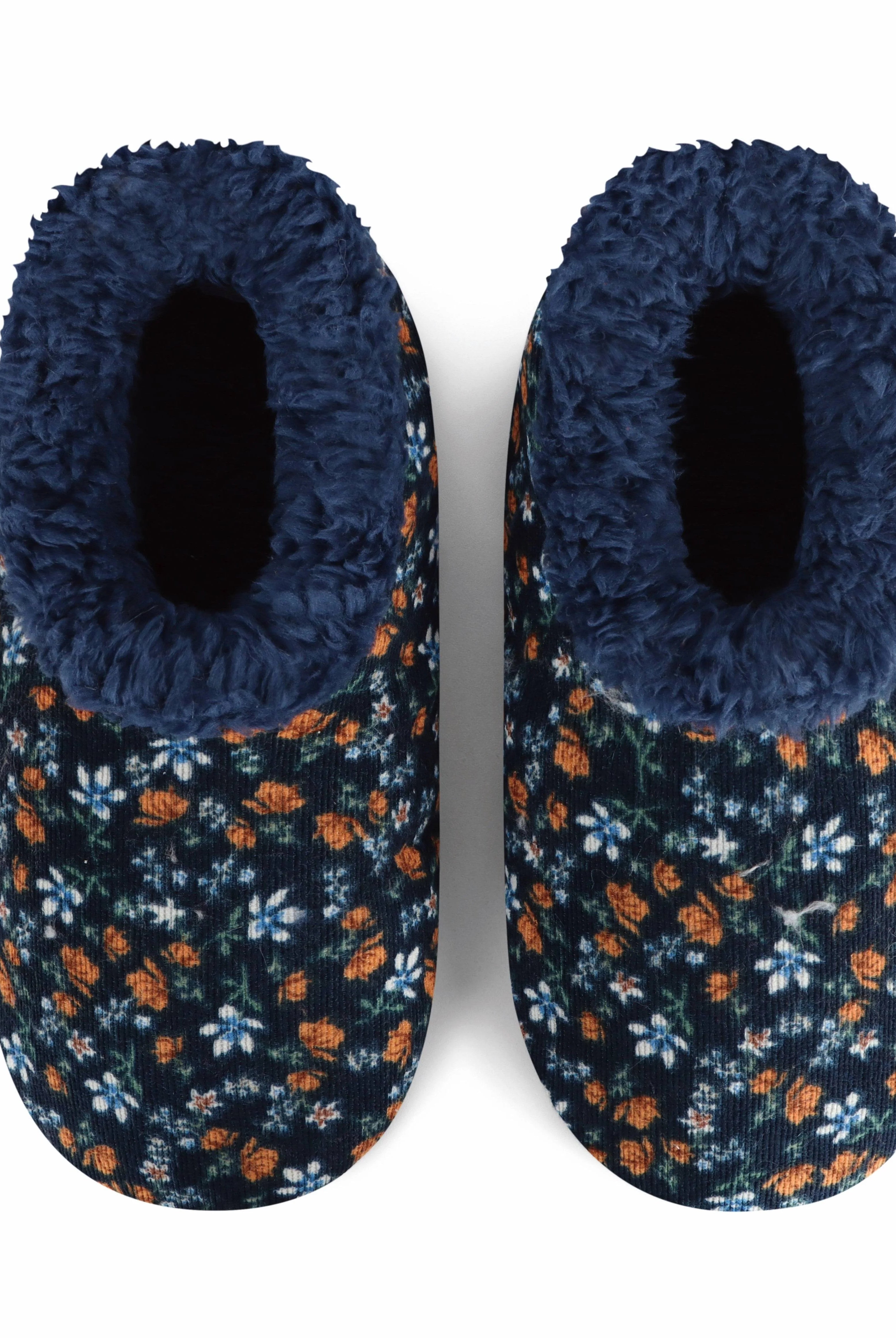 Snoozies Plush COZY Slipper Socks floral corduroy navy