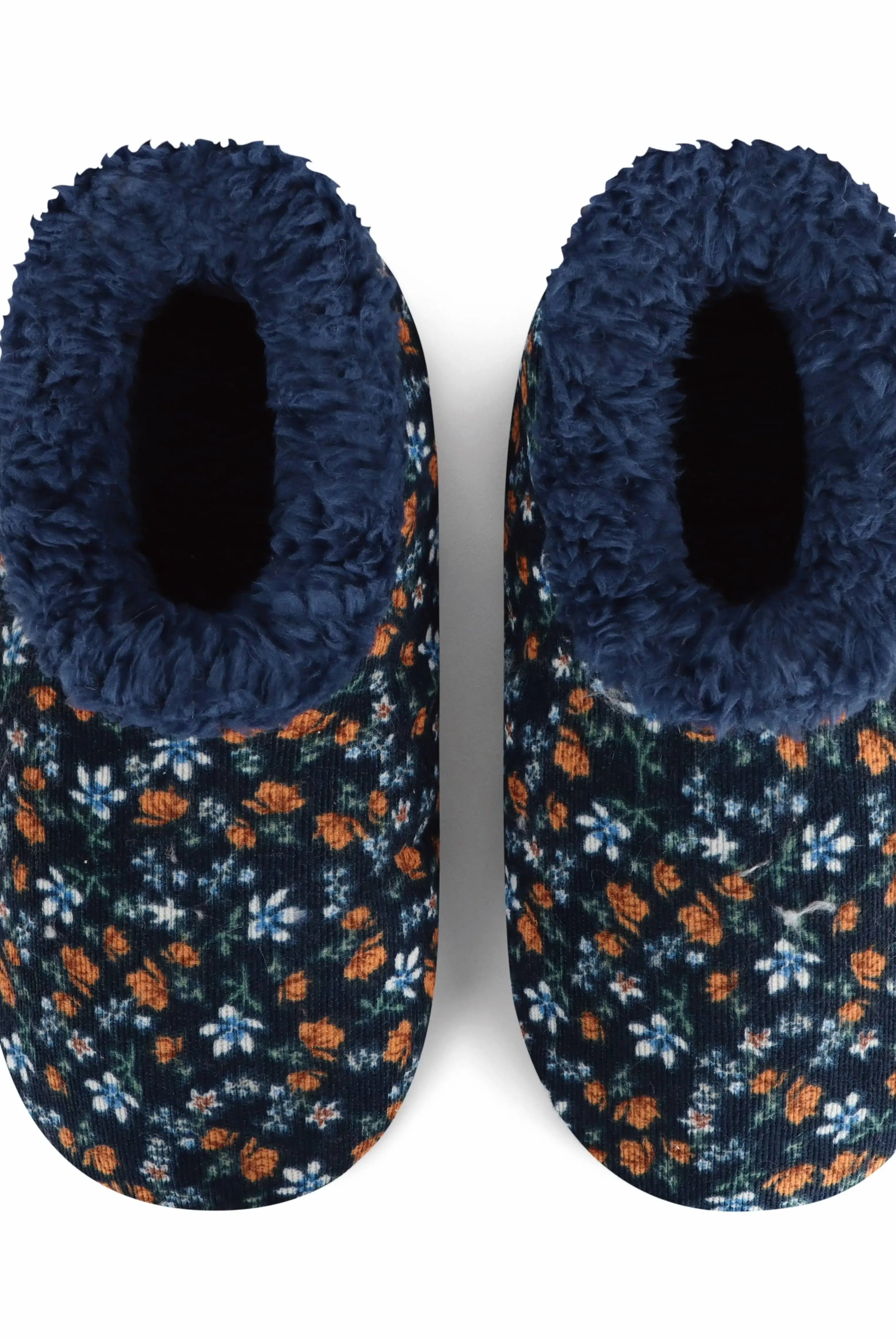 Snoozies Plush COZY Slipper Socks floral corduroy navy