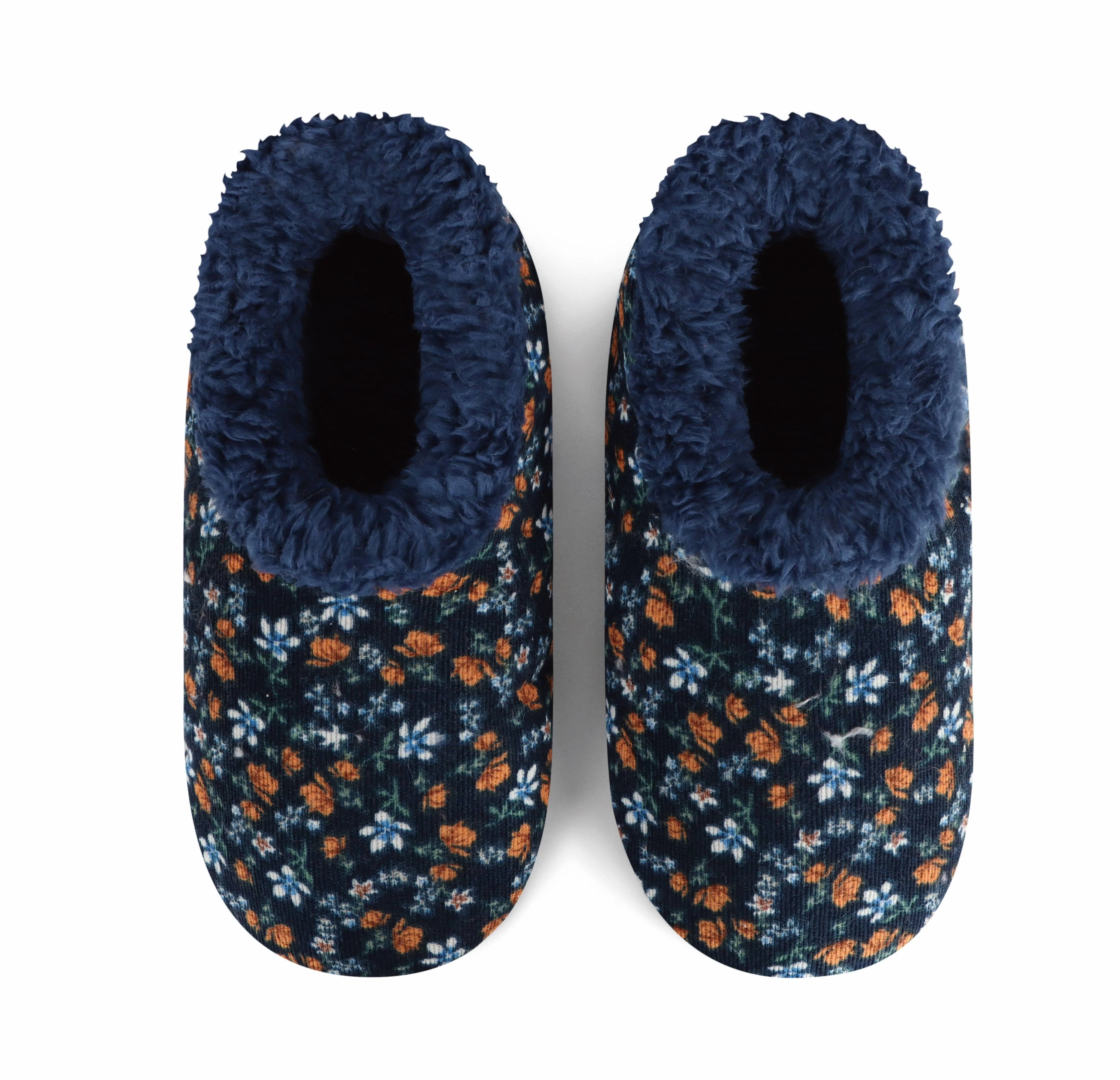 Snoozies Plush COZY Slipper Socks floral corduroy navy