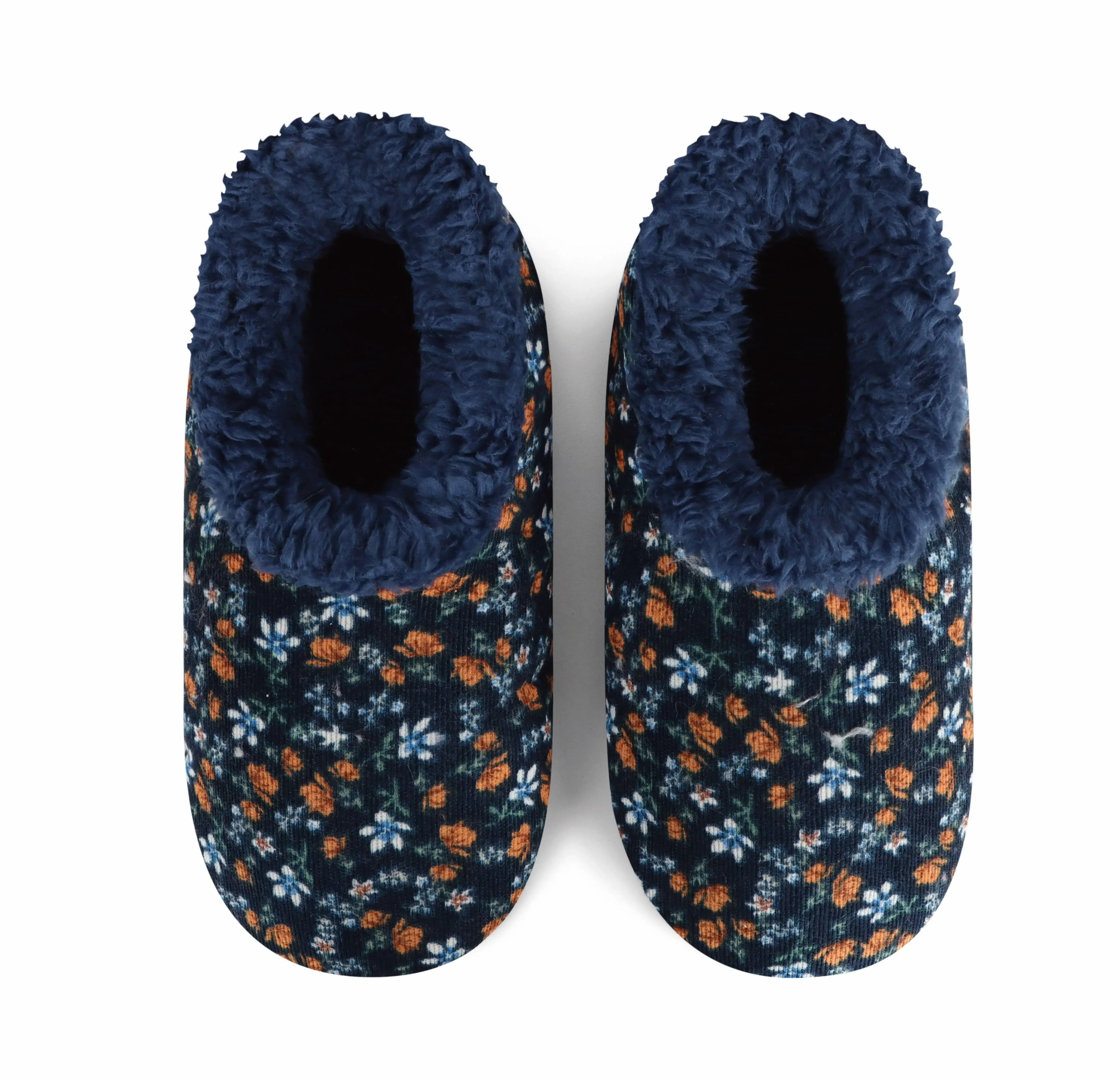 Snoozies Plush COZY Slipper Socks floral corduroy navy