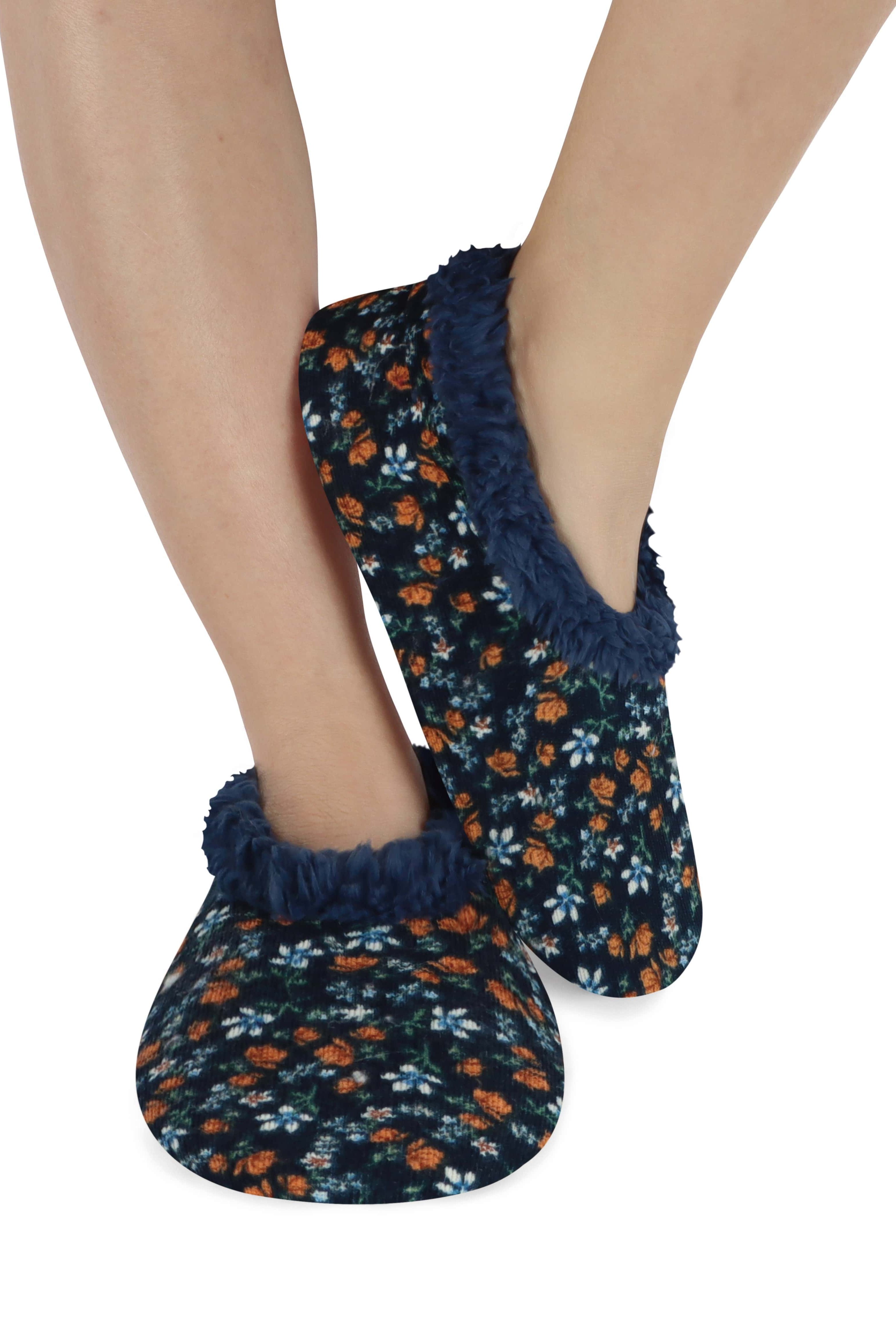 Snoozies Plush COZY Slipper Socks floral corduroy navy