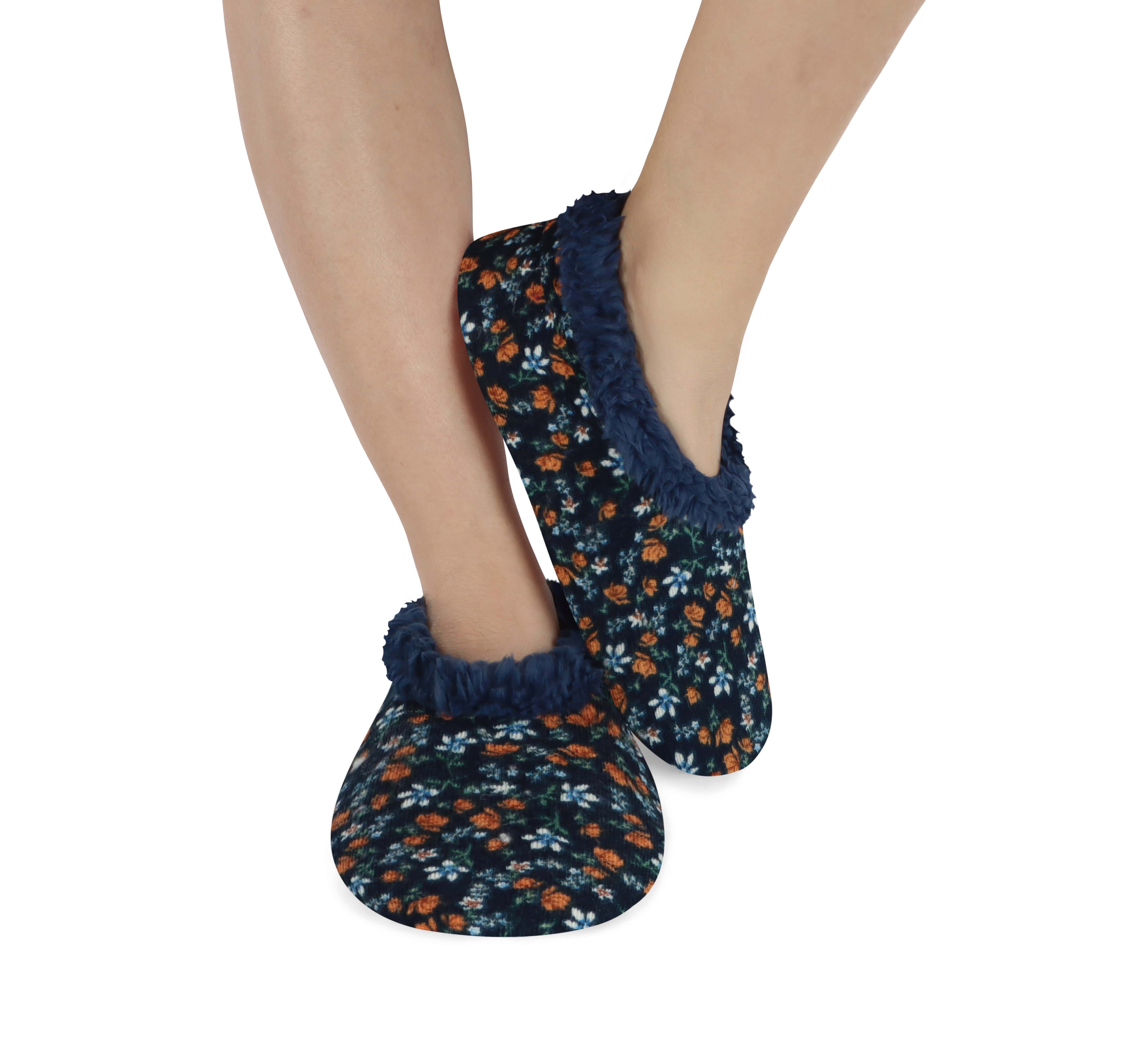 Snoozies Plush COZY Slipper Socks floral corduroy navy