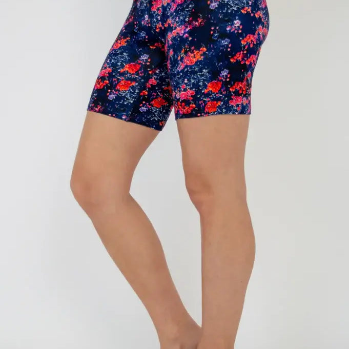 Hallie Bamboo Anti-Chafe Cooling Slip Shorts in navy with floral print, designed for comfort and style.