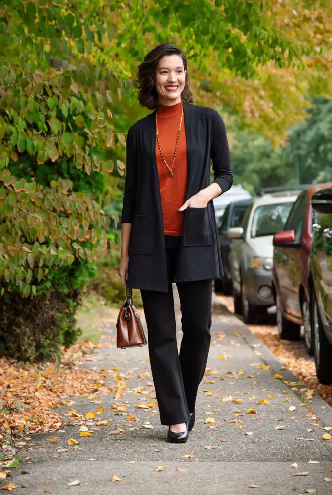 women's black classic cardigan for office layering, casual elegant bamboo cotton.