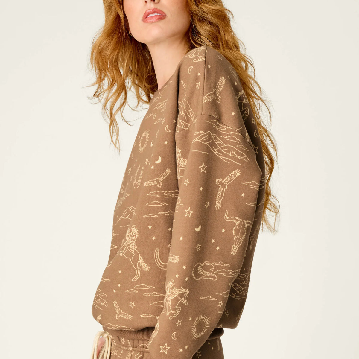PJ Salvage Western Ways Fleece Lounge Set drop shoulder sweatshirt detail — Cloud Nine Pajamas