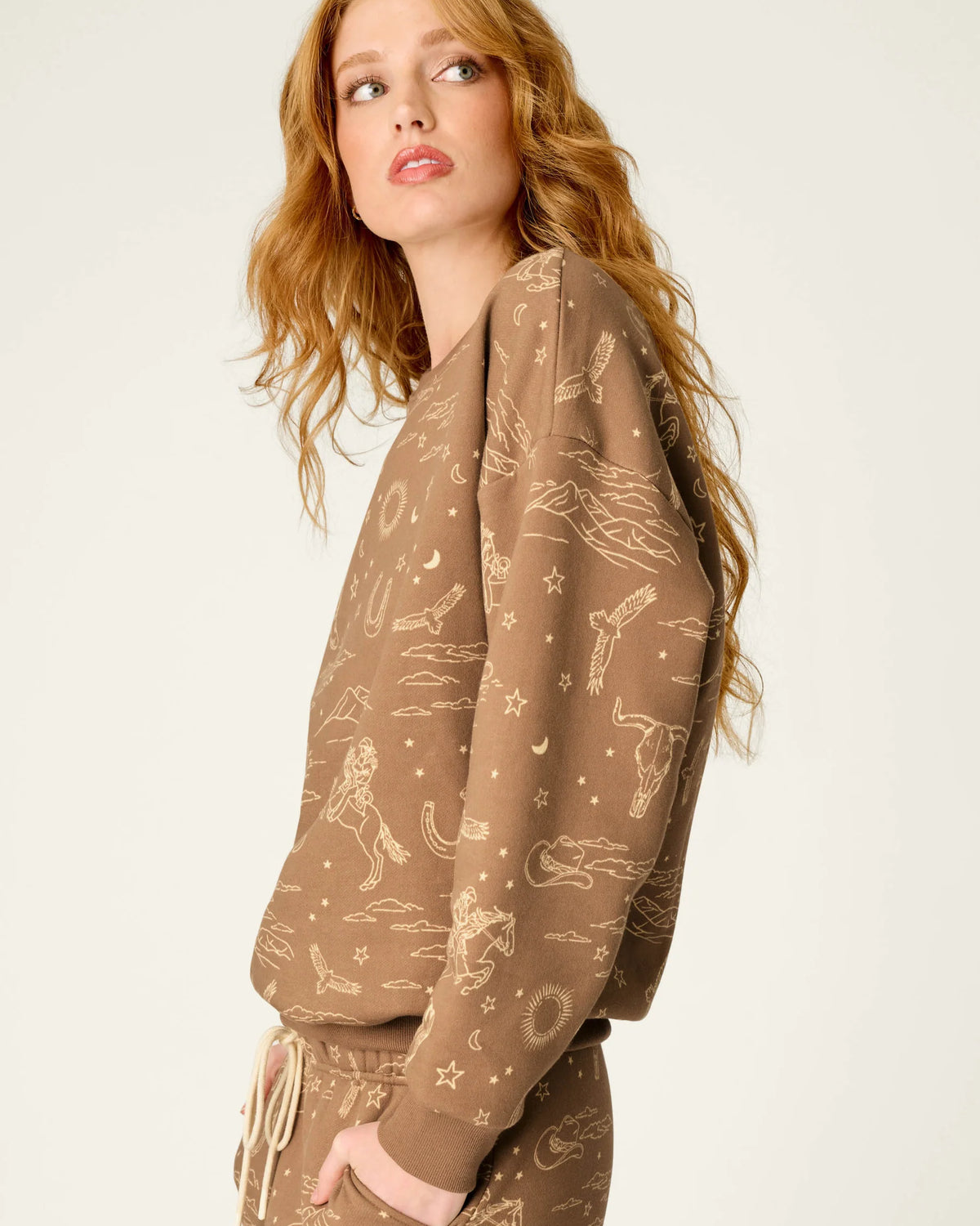 PJ Salvage Western Ways Fleece Lounge Set drop shoulder sweatshirt detail — Cloud Nine Pajamas