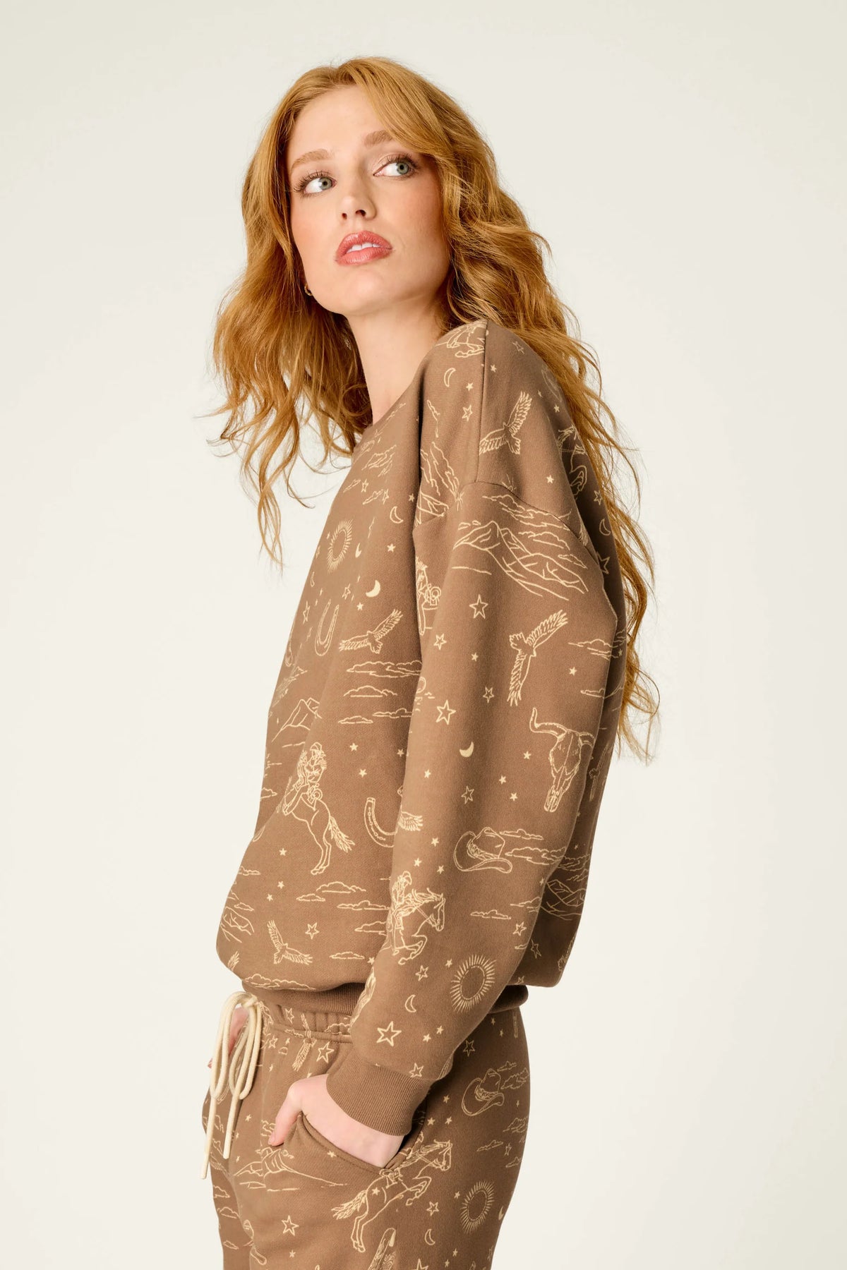 PJ Salvage Western Ways Fleece Lounge Set drop shoulder sweatshirt detail — Cloud Nine Pajamas