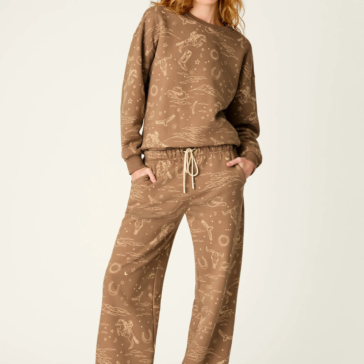 PJ Salvage Western Ways Fleece Lounge Set model full length — Cloud Nine Pajamas Edmonton