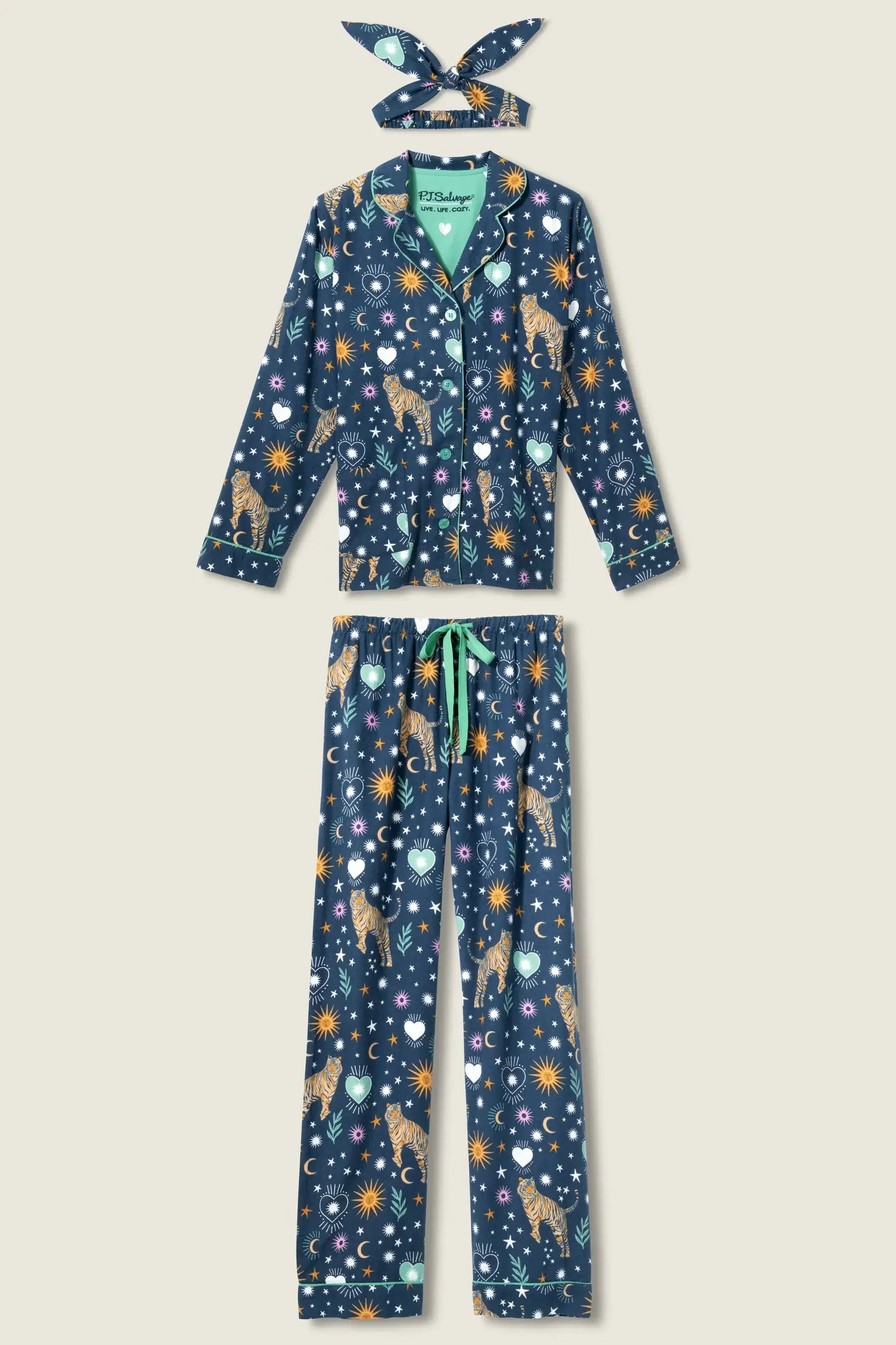 Wild At Heart 3-Piece Flannel PJ Set featuring a navy print with celestial patterns and a matching headband.