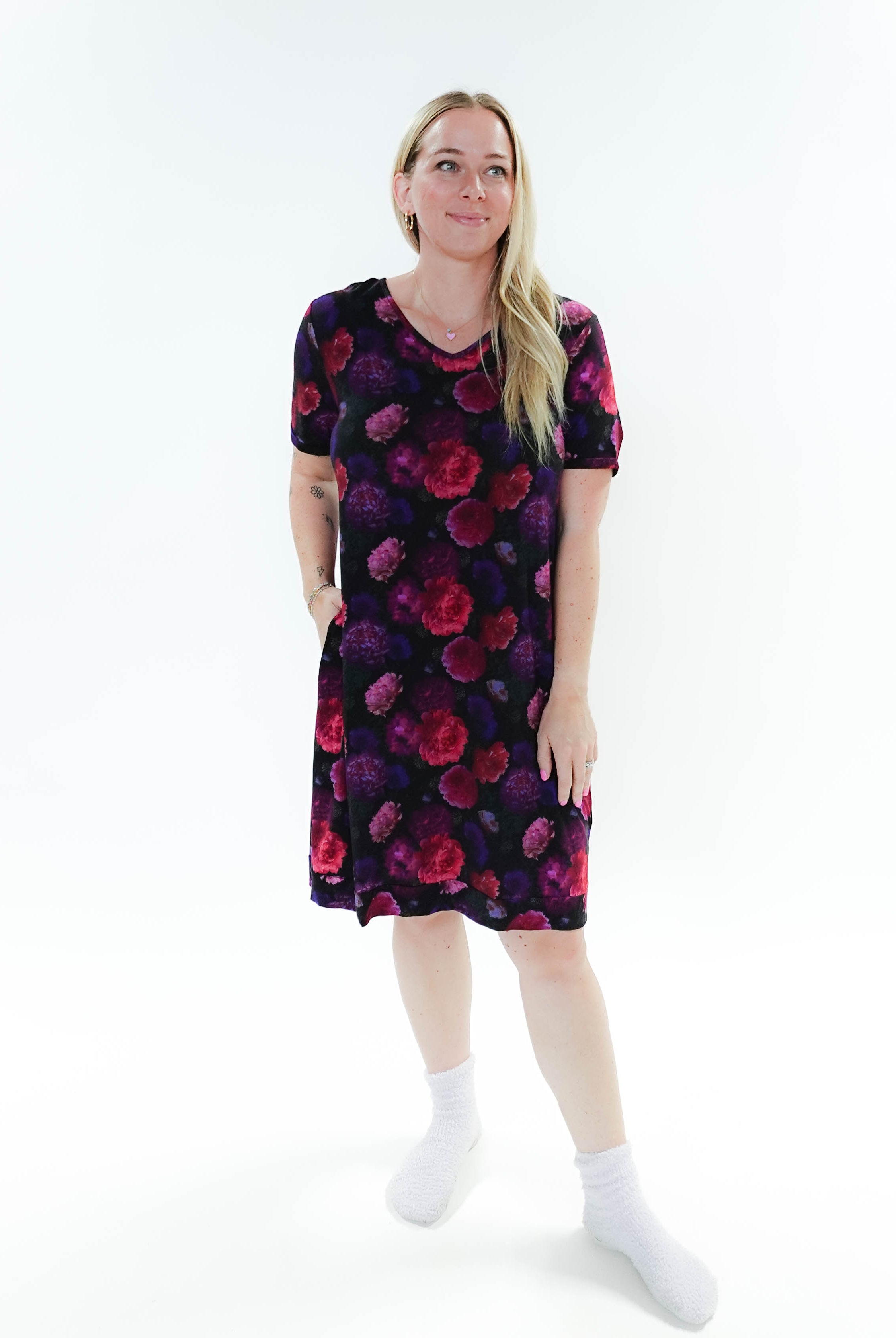 Winter Blossom V Neck Bamboo Nightshirt - woman wearing dress on plain background