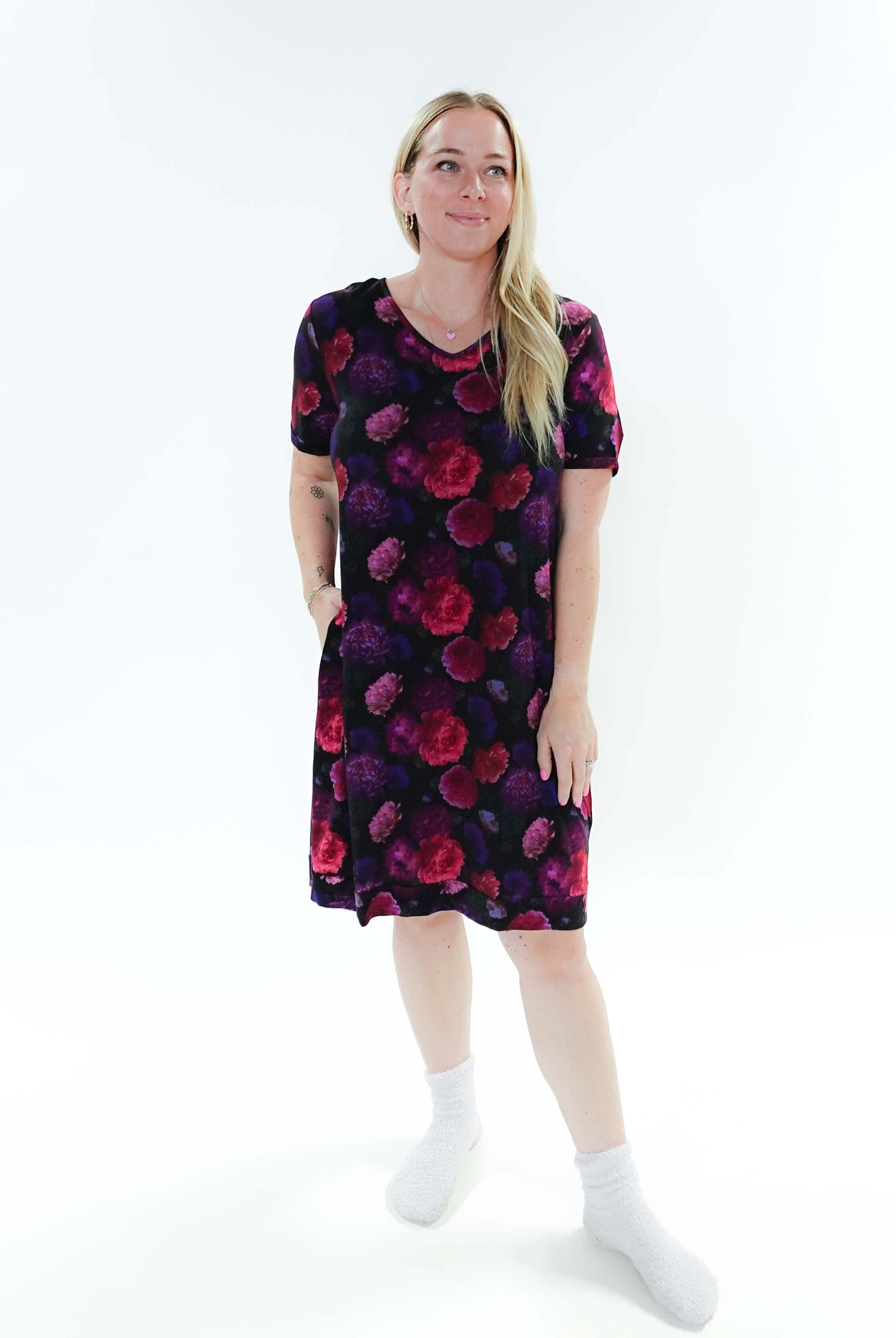 Winter Blossom V Neck Bamboo Nightshirt - woman wearing dress on plain background