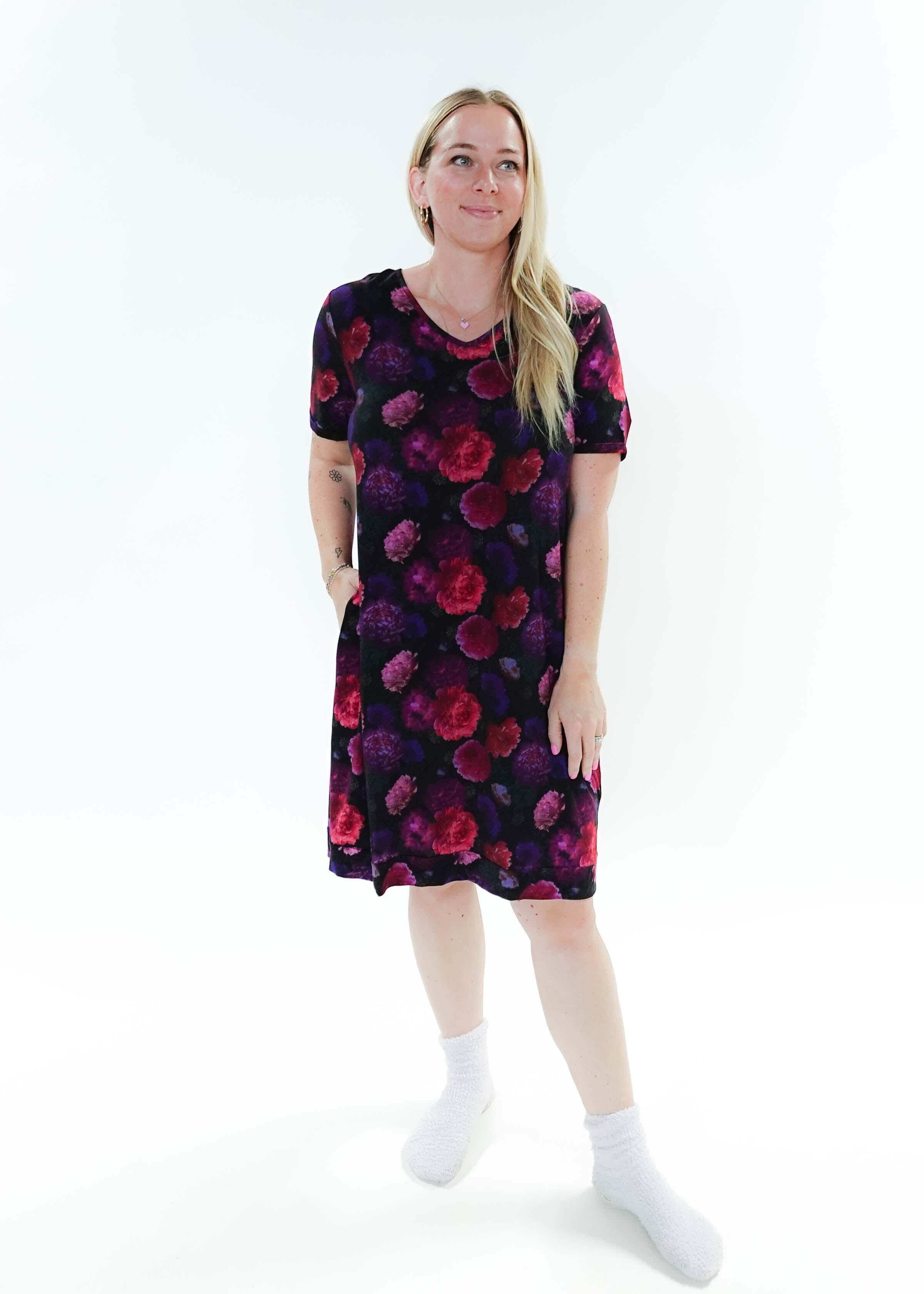 Winter Blossom V Neck Bamboo Nightshirt - woman wearing dress on plain background