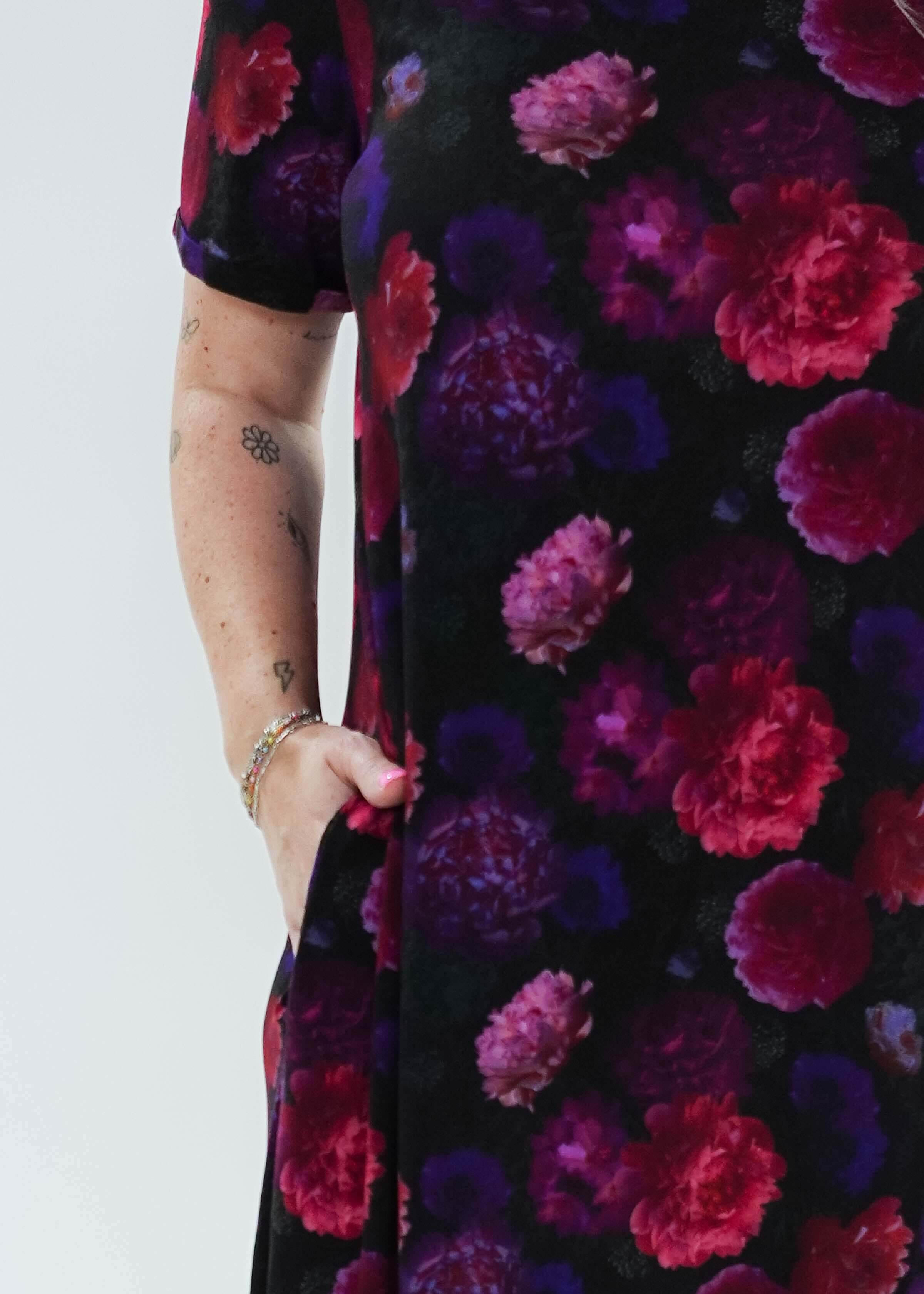 close up view of the print on the Winter Blossom V Neck Bamboo Nightshirt by Georgia Rylan